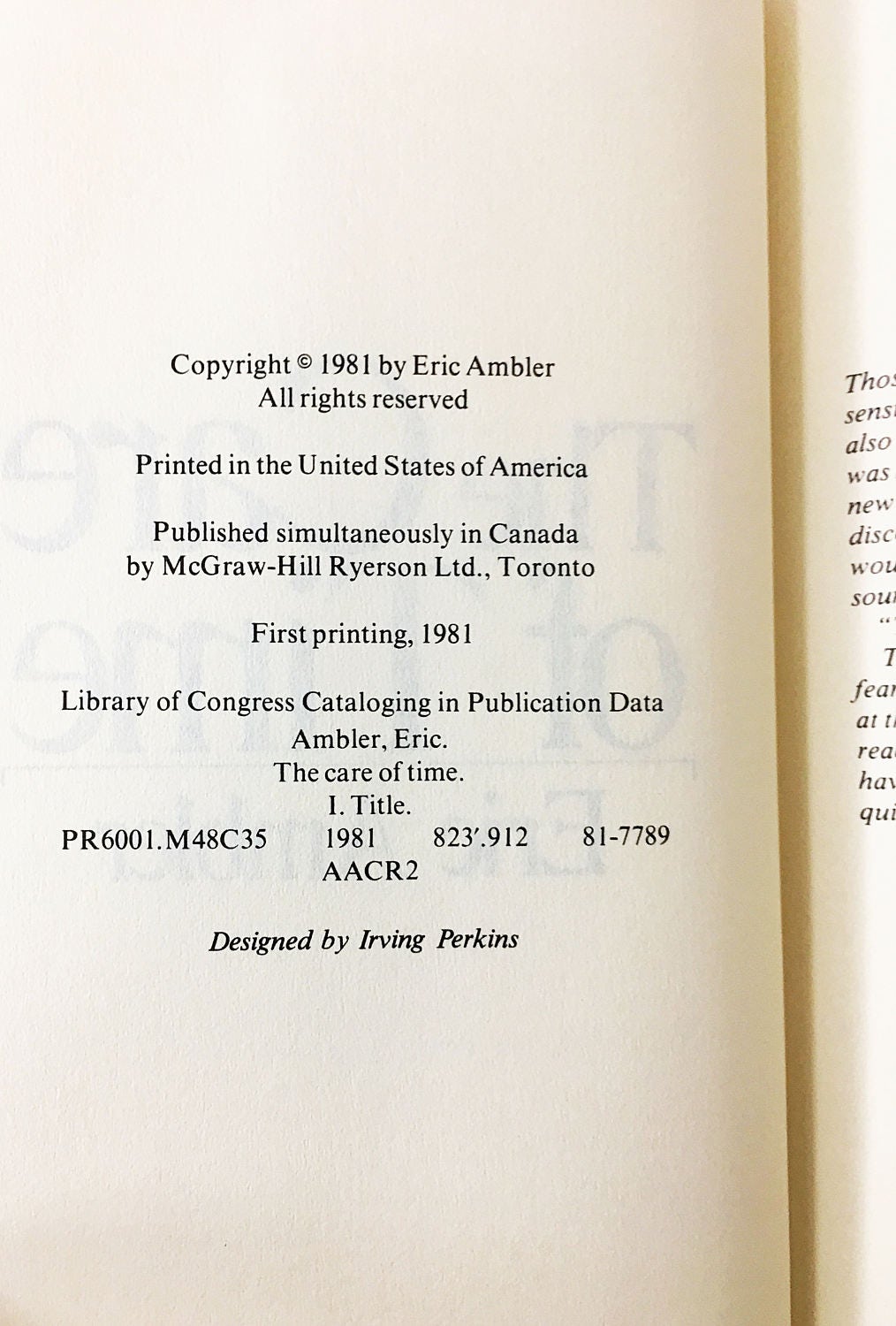Care of Time by Eric Ambler Story of blackmail and terrorism FIRST EDITION vintage book circa 1981. Intrigue & suspense War military leader