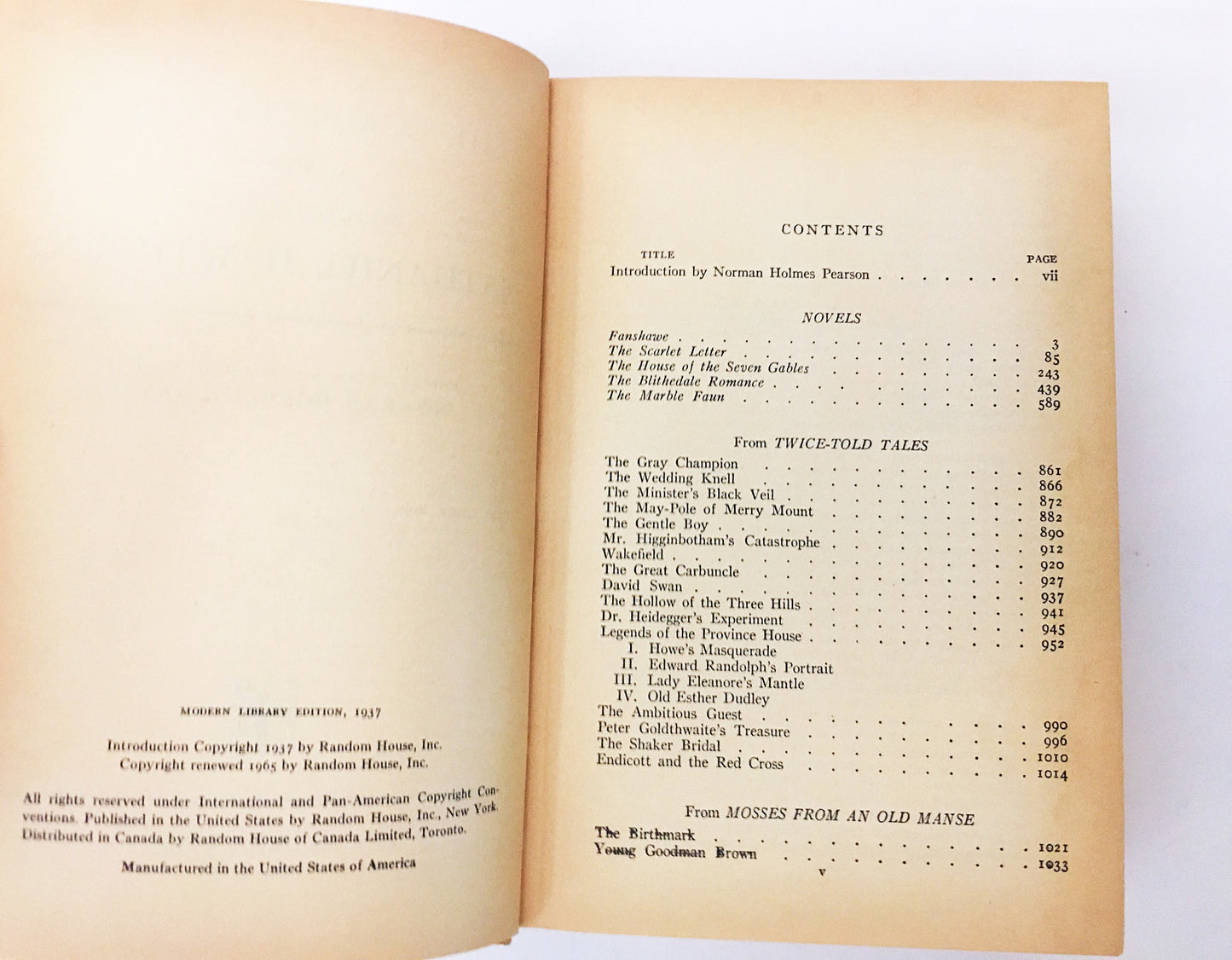 Nathaniel Hawthorne Complete Novels and Selected Tales. Yellow bookshelf home decor Modern Library vitnage book circa 1965.