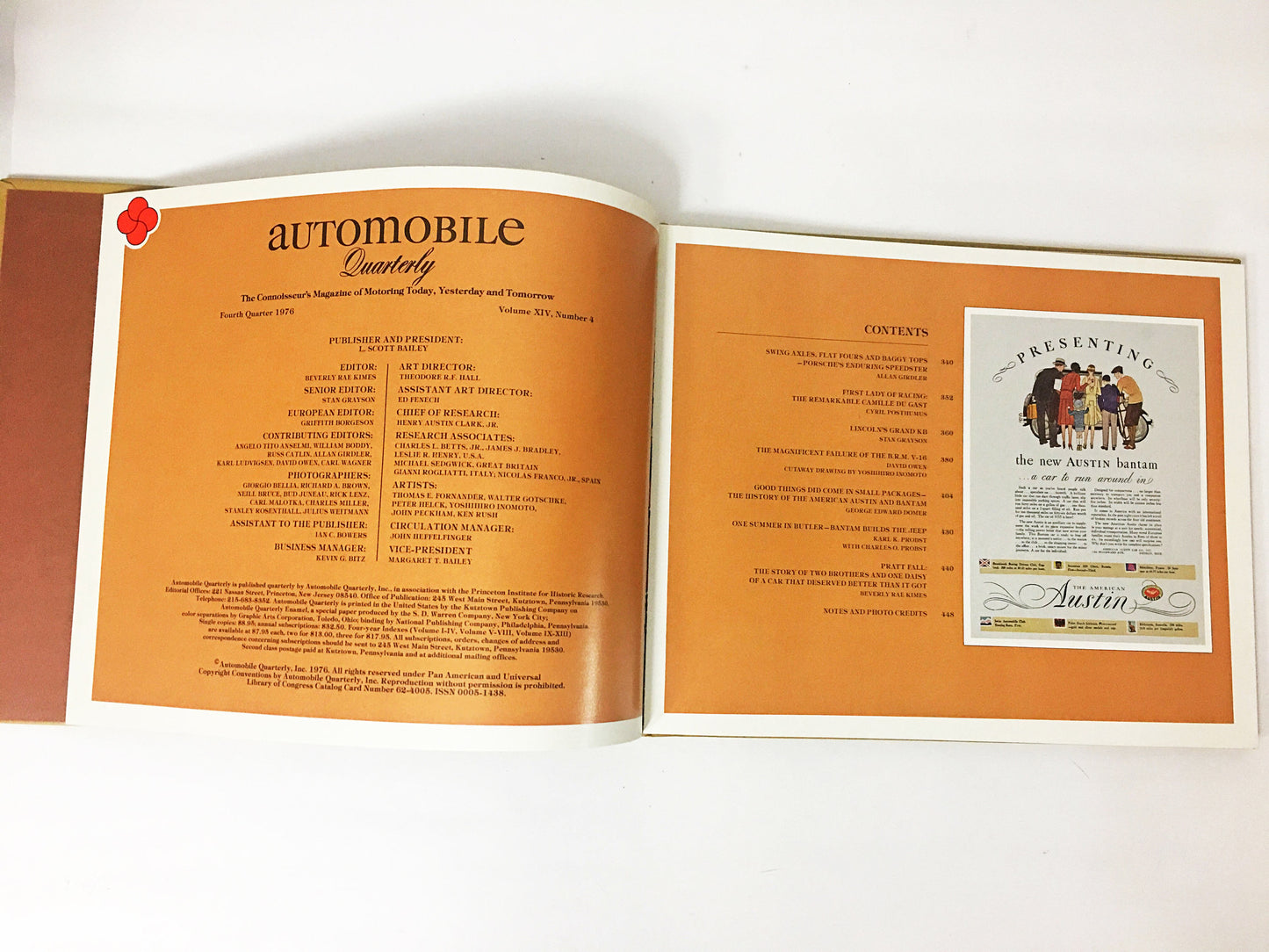 1976 vintage hardcover book about Porsche, Camille du Gast, Lincoln, American Austin and Bantam Automobile Quarterly car lover gift.