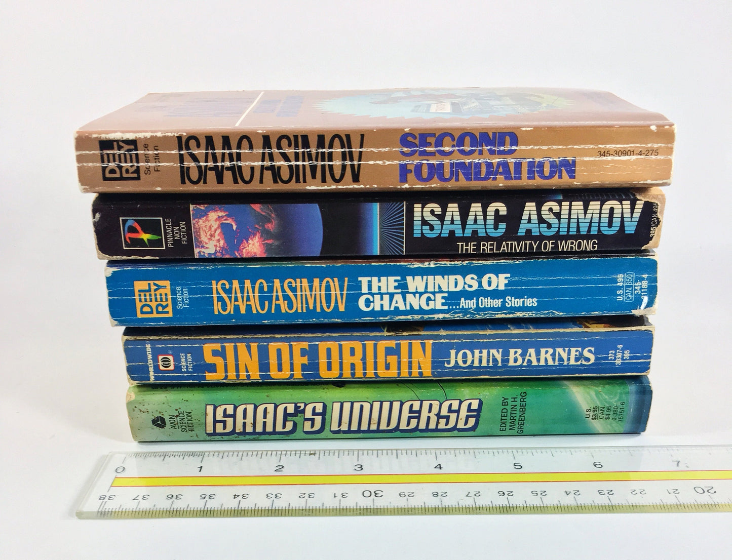 1960 - 1980s Isaac Asimov vintage paperback book Foundatiom, Relativity of Wrong, Winds of Change, Sin of Origin, Universe Second Foundation