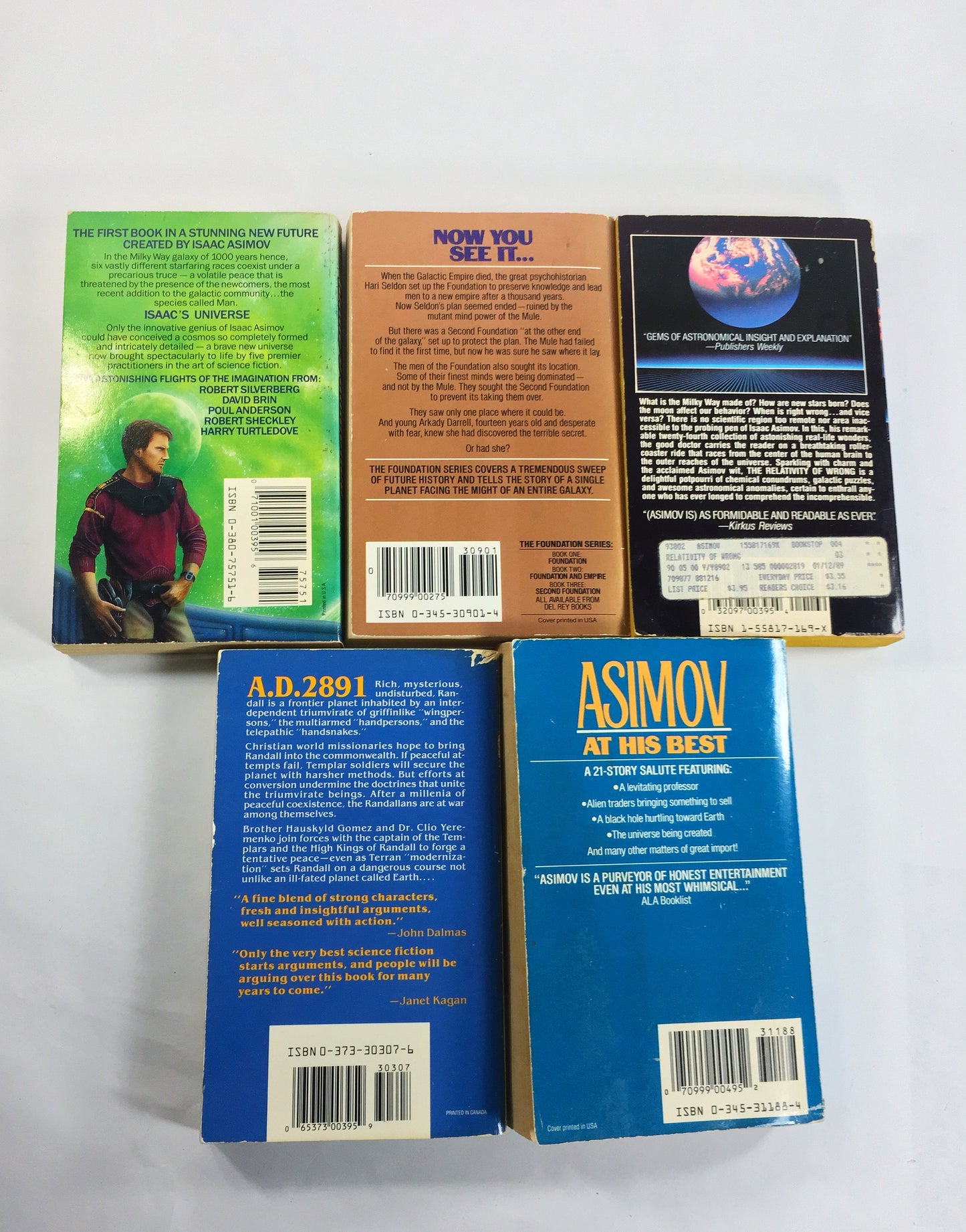 1960 - 1980s Isaac Asimov vintage paperback book Foundatiom, Relativity of Wrong, Winds of Change, Sin of Origin, Universe Second Foundation