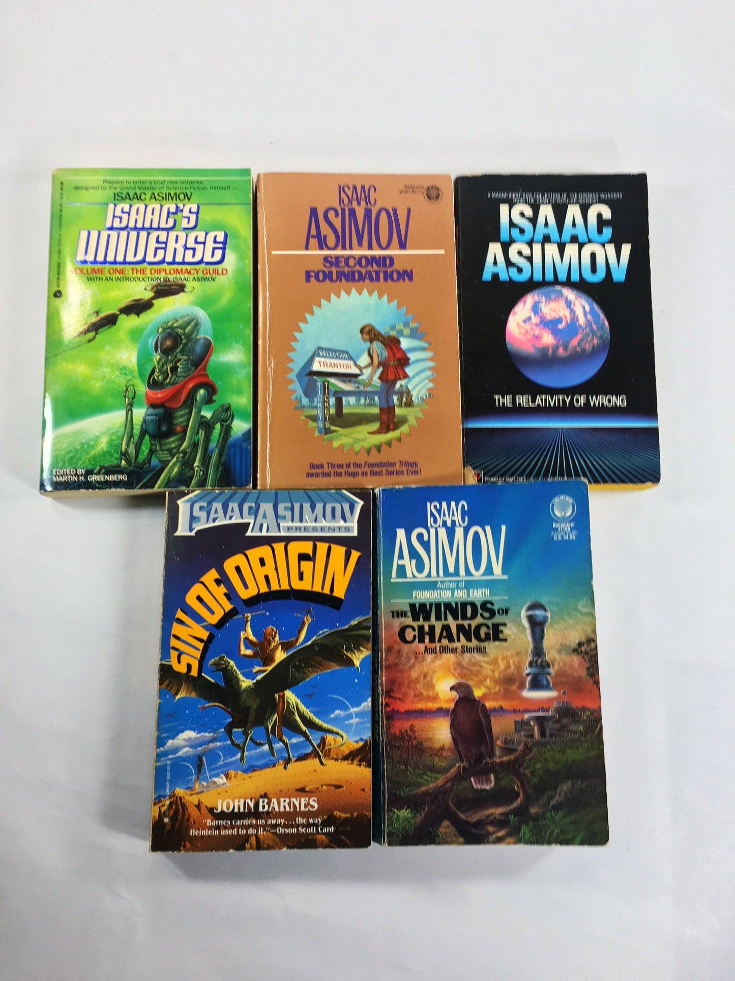 1960 - 1980s Isaac Asimov vintage paperback book Foundatiom, Relativity of Wrong, Winds of Change, Sin of Origin, Universe Second Foundation