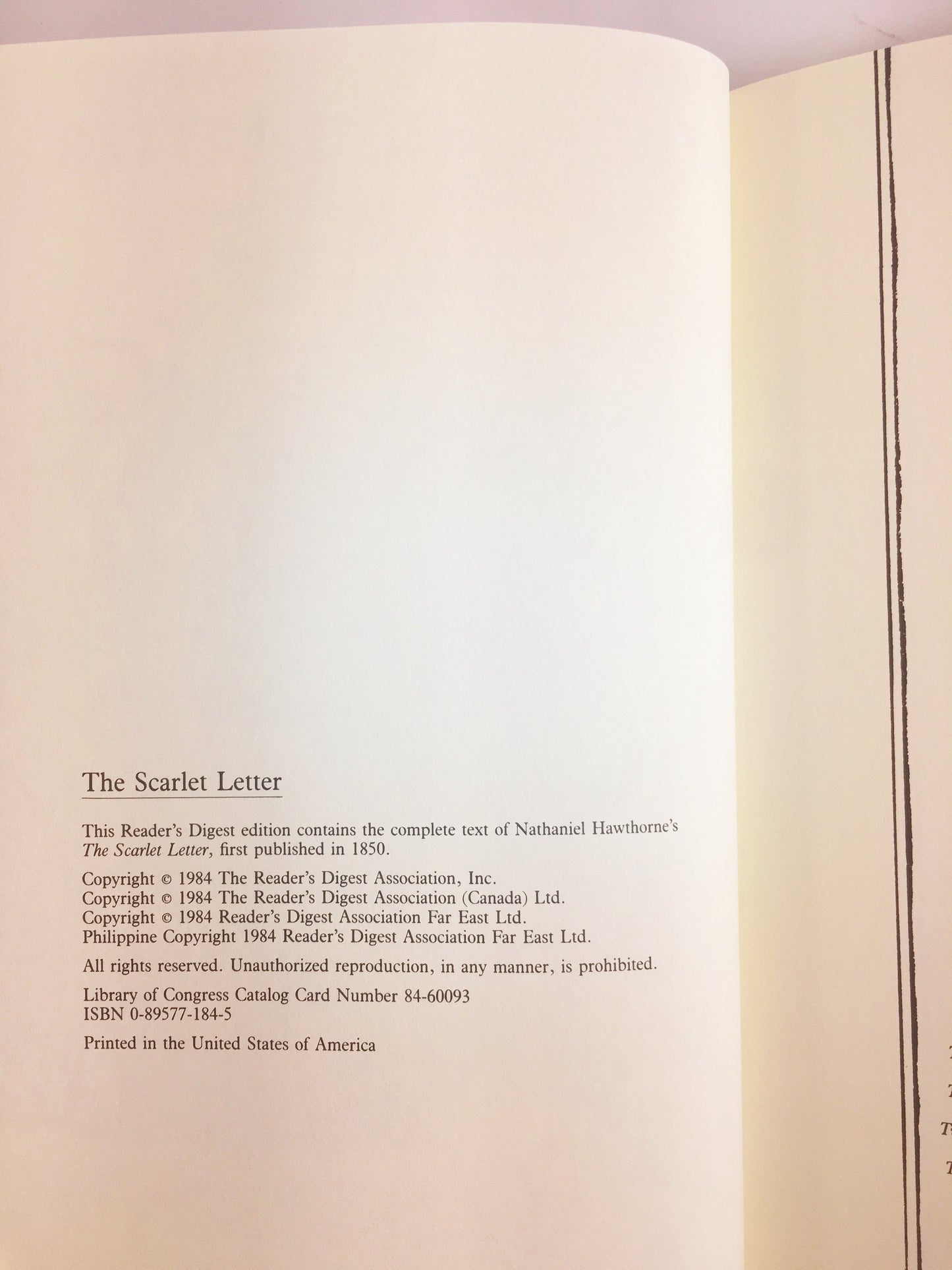 Scarlet Letter by Nathaniel Hawthorne circa 1985. Readers Digest Vintage book .