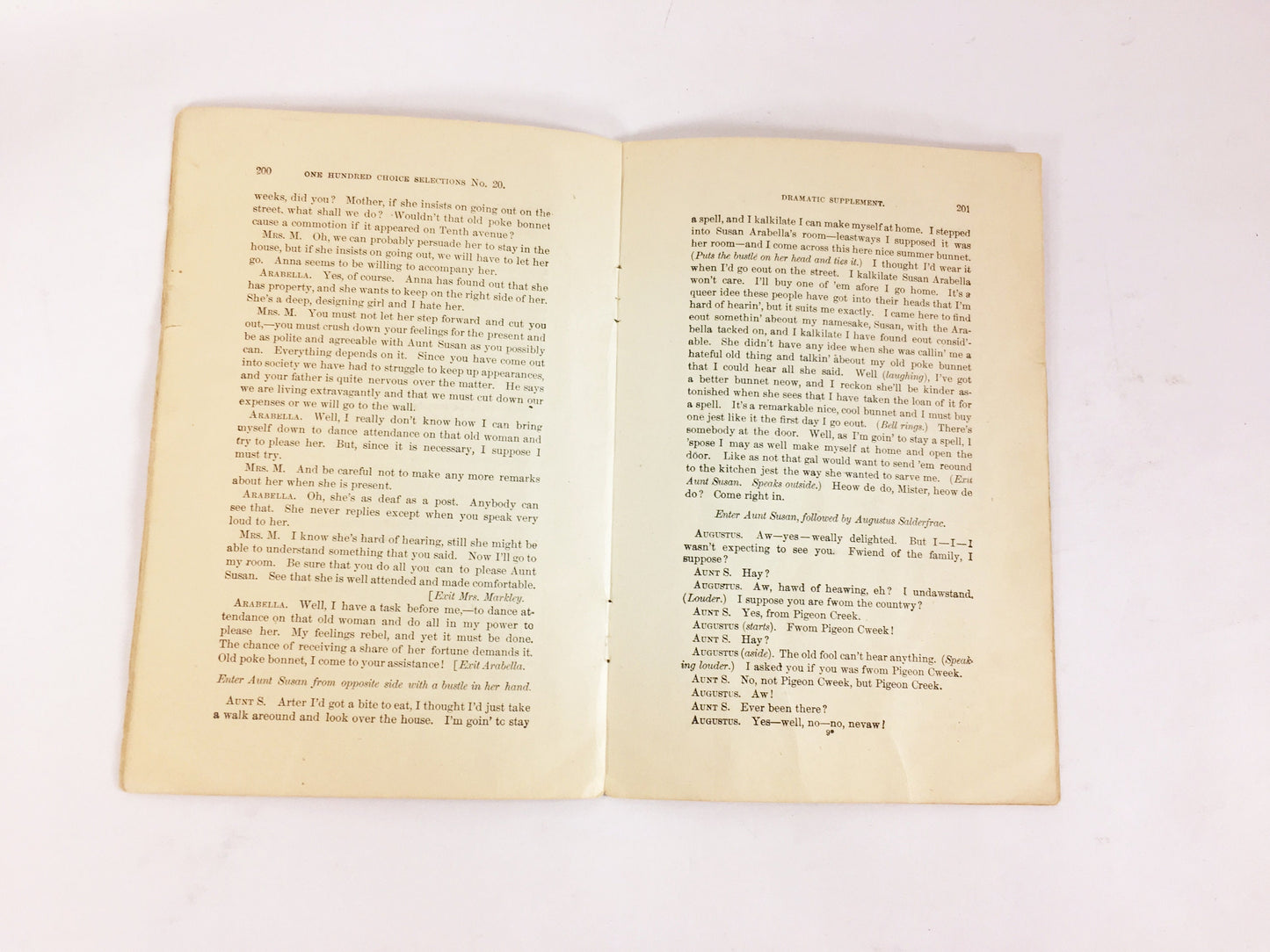 1886 vintage Victorian play Aunt Susan Jones by H Elliott McBride. Eccentric woman pretends she's deaf to expose hypocrisy