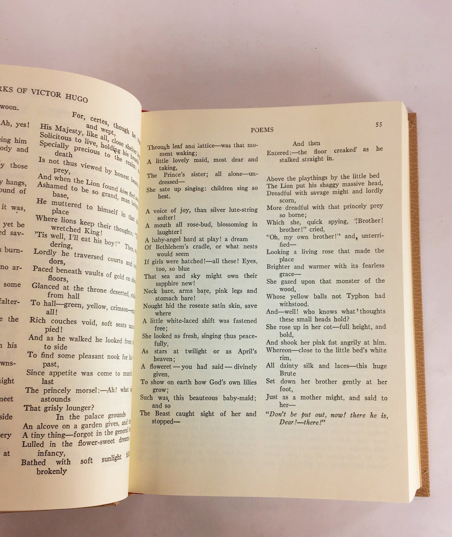 Victor Hugo works poems, plays, essays in one volume. BEAUTIFUL vintage beige book decor. Popular playwright 1943 Please see pictures!