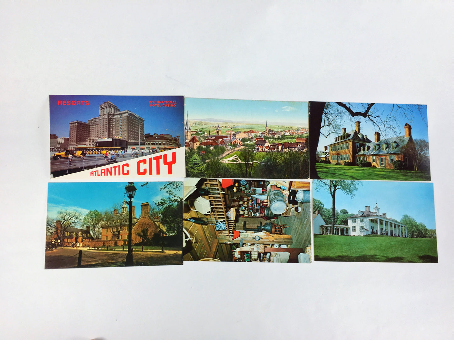 1960s Vintage set of 10 assorted postcards including George Washington First Day of Issue Stamp circa 1966. Vermont Atlantic City Virginia