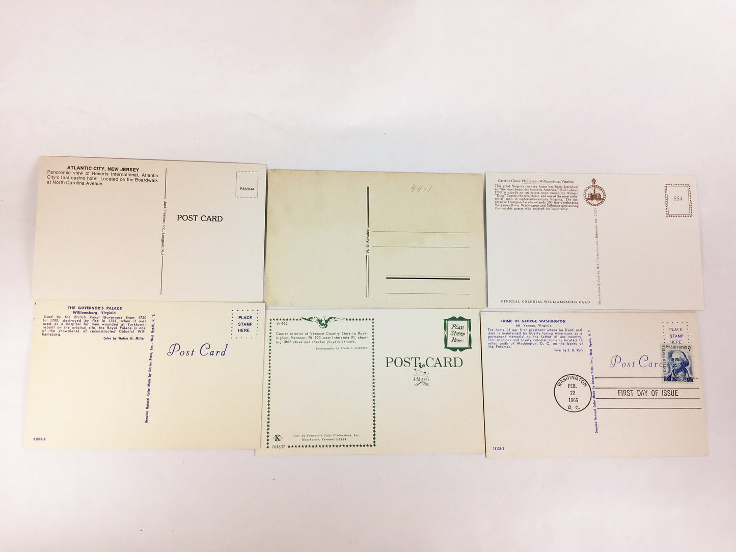 1960s Vintage set of 10 assorted postcards including George Washington First Day of Issue Stamp circa 1966. Vermont Atlantic City Virginia