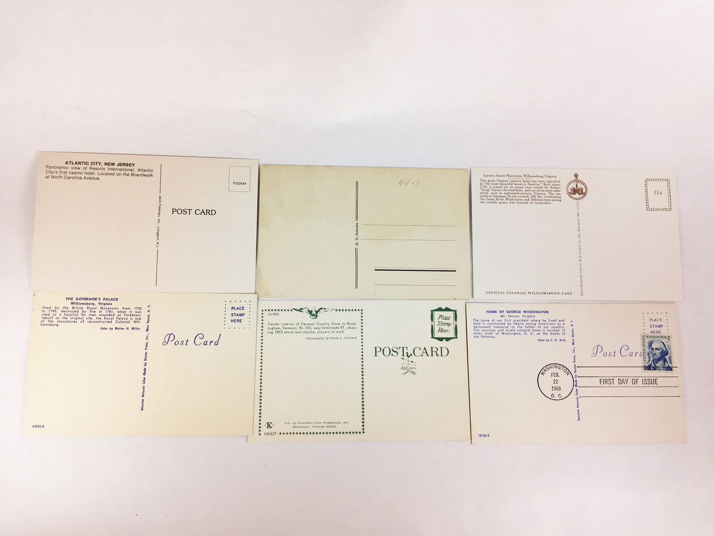 1960s Vintage set of 10 assorted postcards including George Washington First Day of Issue Stamp circa 1966. Vermont Atlantic City Virginia