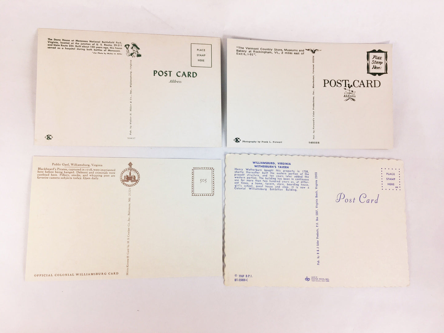 1960s Vintage set of 10 assorted postcards including George Washington First Day of Issue Stamp circa 1966. Vermont Atlantic City Virginia