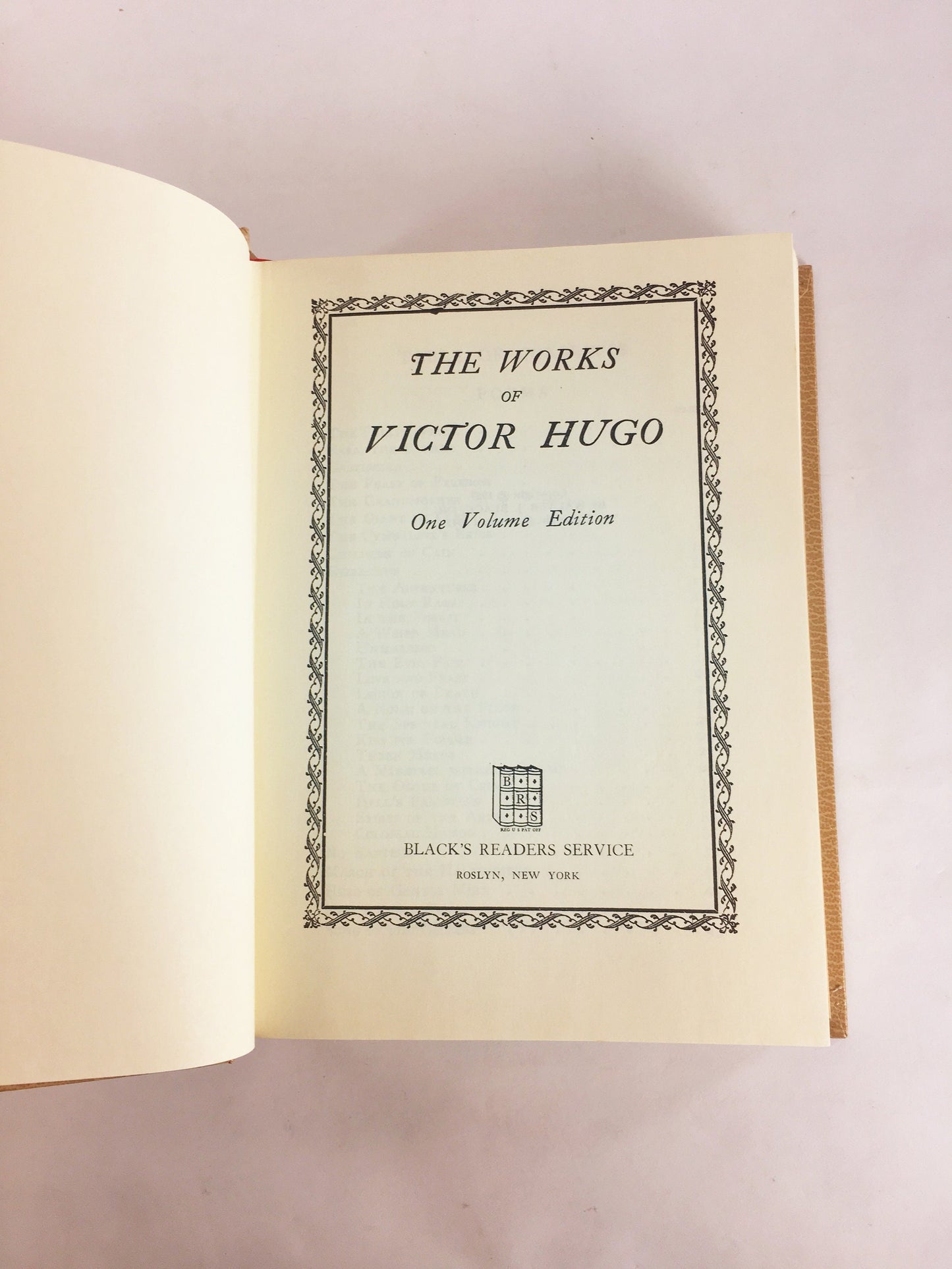 Victor Hugo works poems, plays, essays in one volume. BEAUTIFUL vintage beige book decor. Popular playwright 1943 Please see pictures!