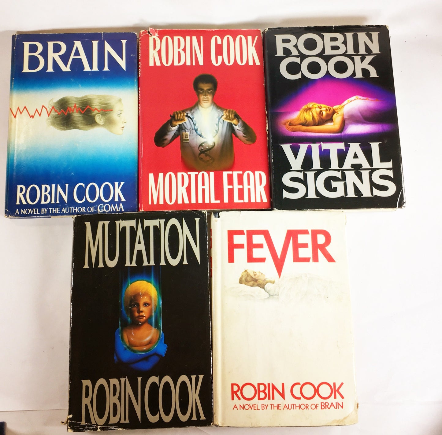 1980s Robin Cook best selling novel set Fever, Brain, Vital Signs, Mortal Fear, Mutation. Vintage medical mystery thriller book lot. Gift