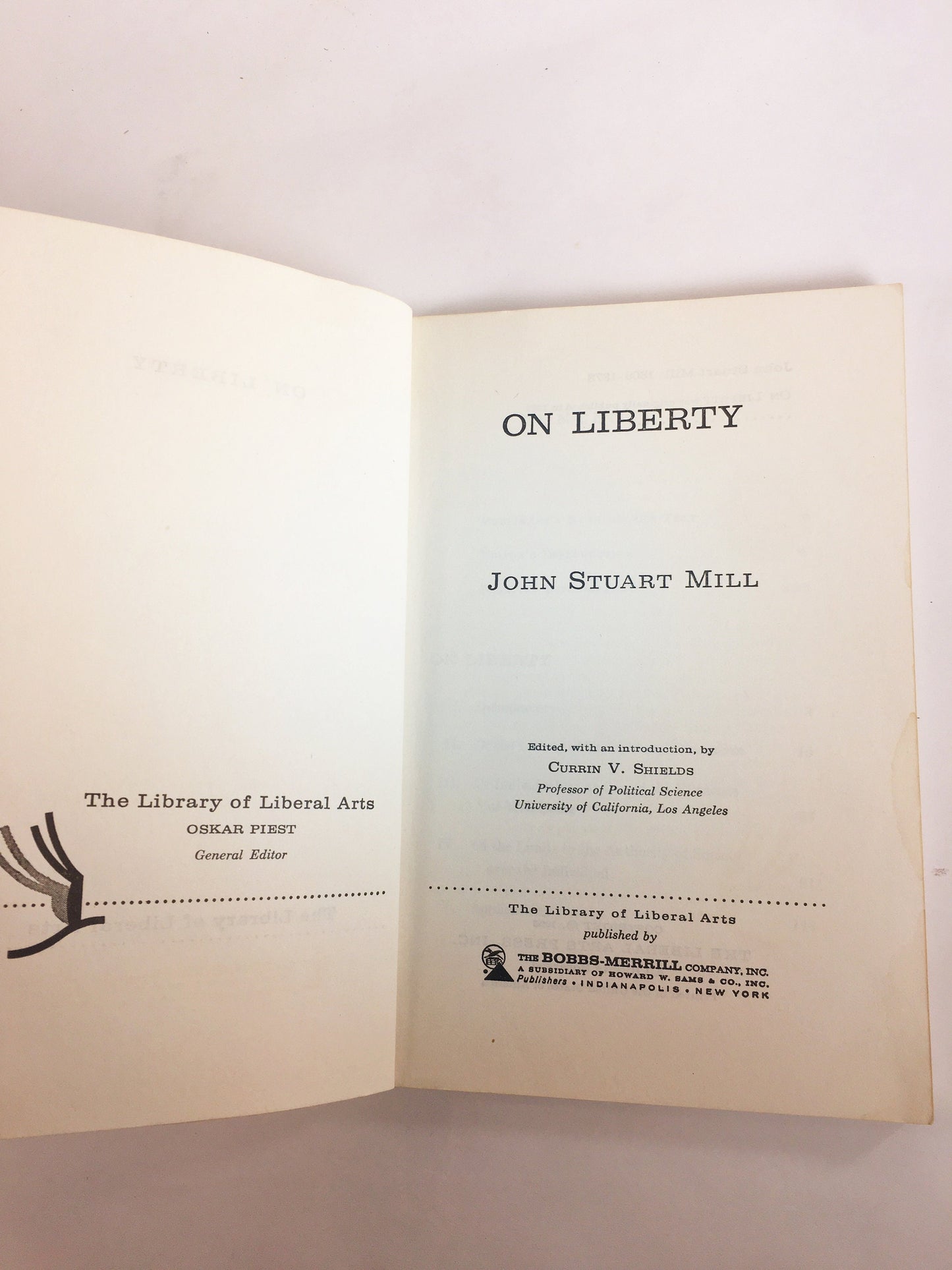 John Stuart Mills On Liberty Vintage paperback book circa 1956 Liberal Arts Press. Utilitarianism society and government philosophy.