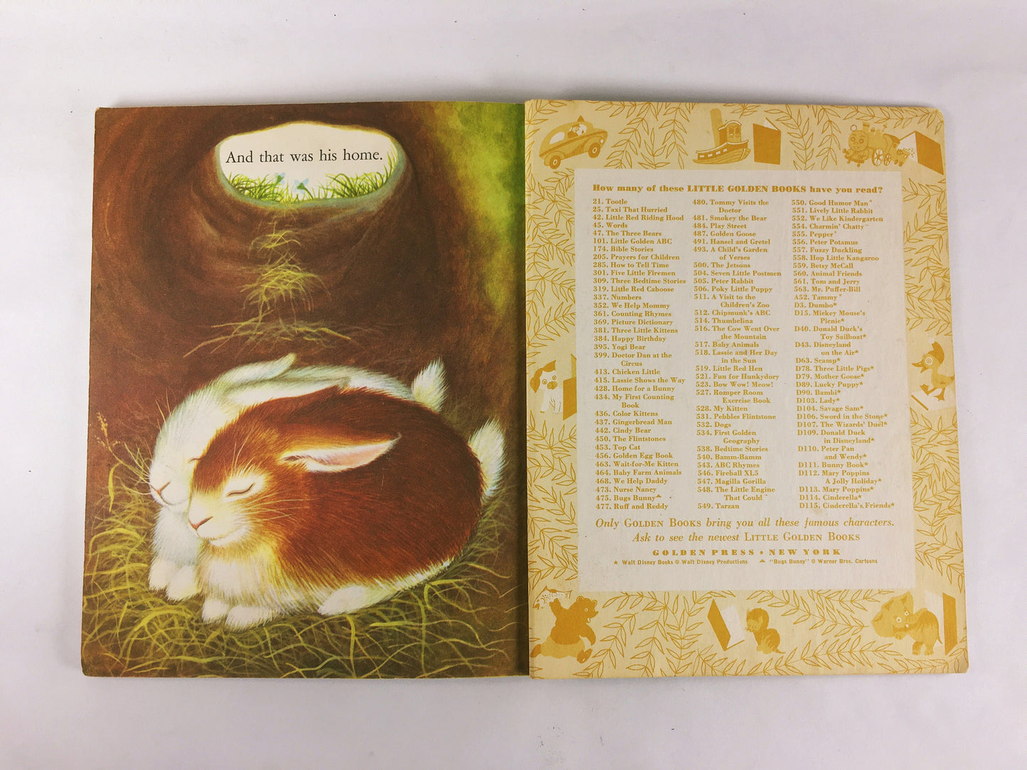 Margaret Wise Brown Home for a Bunny illustrated by Garth Williams. Little Golden Book circa 1961 vintage “D” early printing