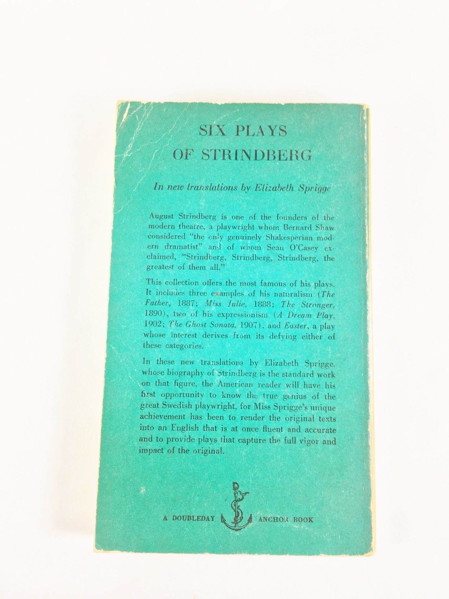 Six Plays of Strindberg Vintage Doubleday Anchor paperback book circa 1955. Father, Miss Julie, Stronger, Easter, Dream Play, Ghost Sonata