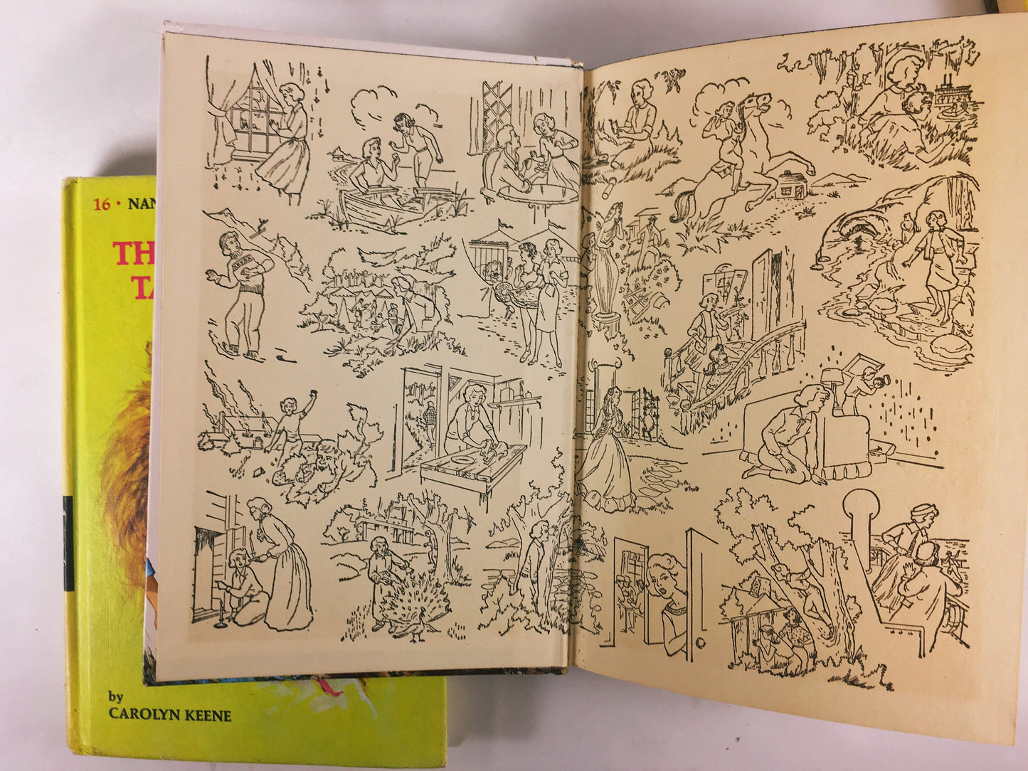 Nancy Drew Mystery Stories 1960s 1970 by Carolyn Keene. Vintage picture cover books with black & white endpapers. Teen tween reading yellow