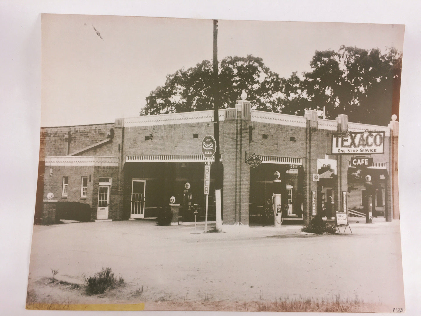 1930s LARGE Vintage gas service station Texaco photograph with Cook's Beer, Firestone Tire and Willard signs. Americana office decor 11x14