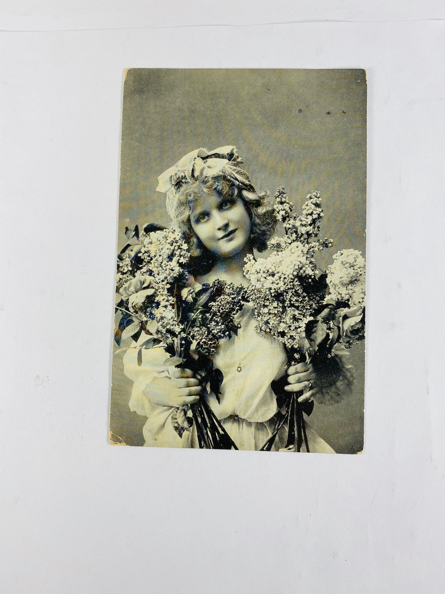 1908 vintage RPPC women postcard B&W stamped. BEAUTIFUL home office decor for framing. Flowers, Dress with hat and purse, family, standing
