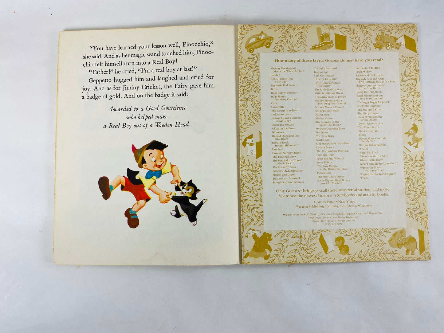 1980 Pinocchio Little Golden Book Walt Disney illustrations children’s stocking stuffer at home reading. Bedtime stories