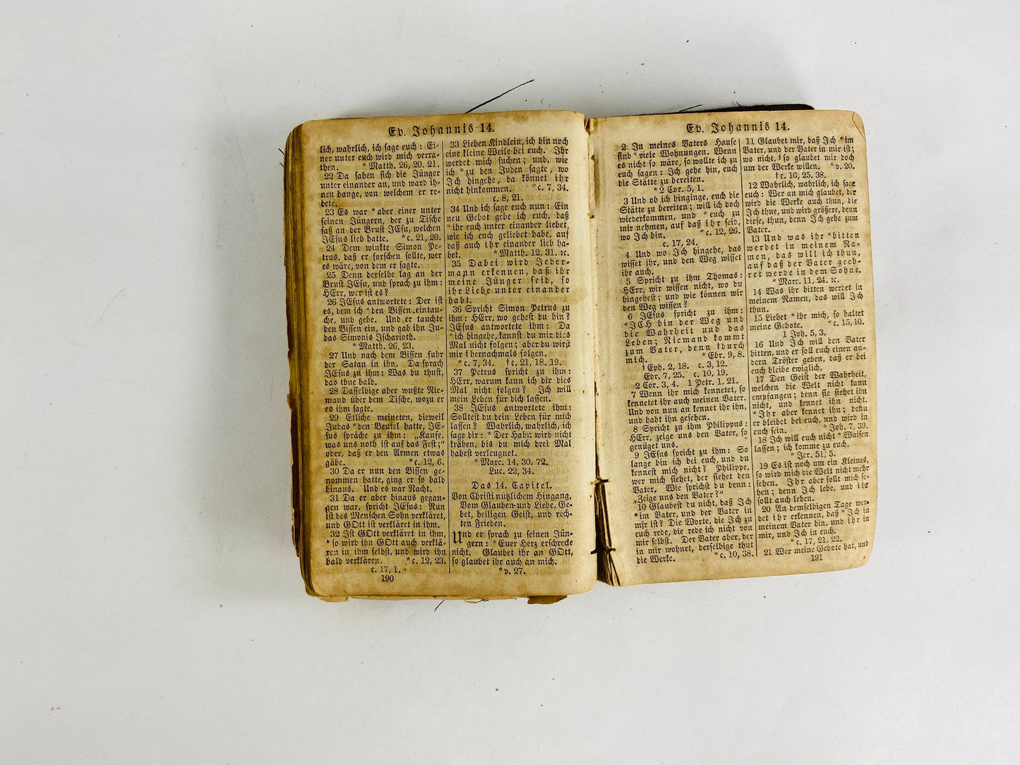 1866 German New Testament Holy Bible with worn leather cover in poor condition. Antique small miniature Christian book. Christmas stocking