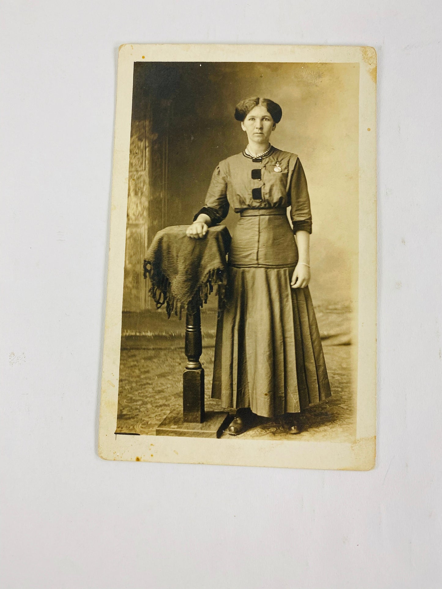 1908 vintage RPPC women postcard B&W stamped. BEAUTIFUL home office decor for framing. Flowers, Dress with hat and purse, family, standing
