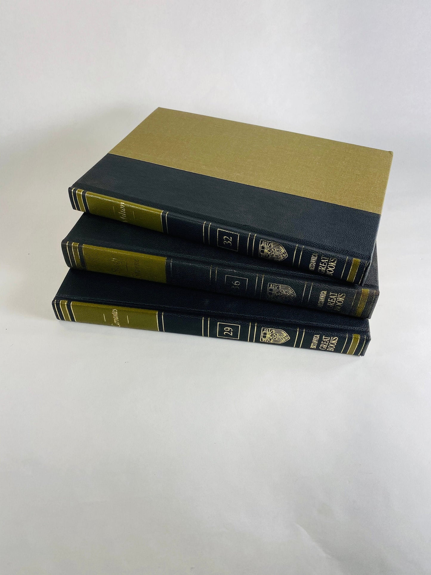 Vintage olive green & black Don Quixote de la Mancha Cervantes Swift Milton Britannica Great Books Staging bookshelf decor 1986