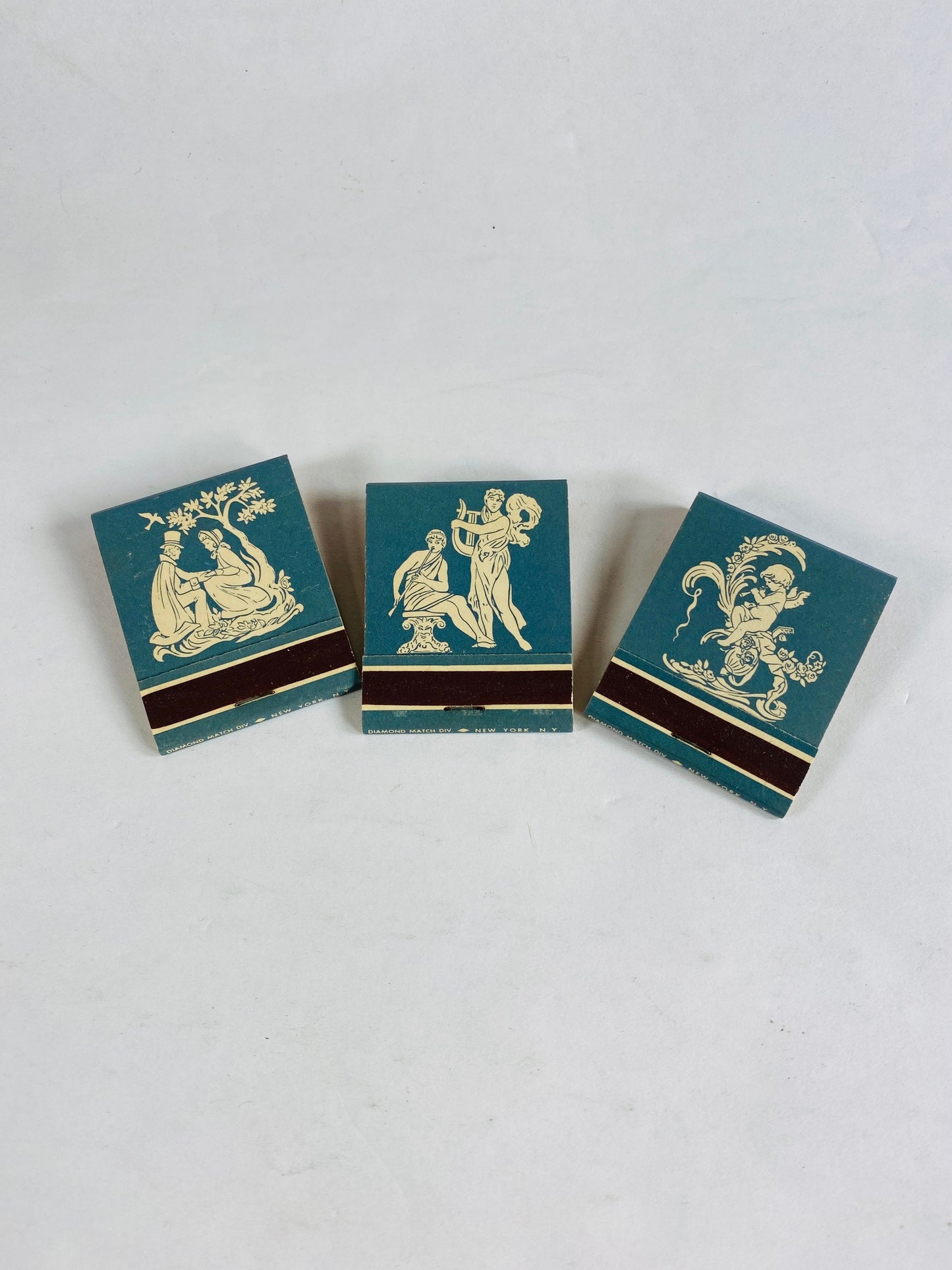 1970 Vintage Diamond Matches lot 3 UNUSED blue & white angelic cottagecore pocket sized Home decor gift candles lighter greek statues