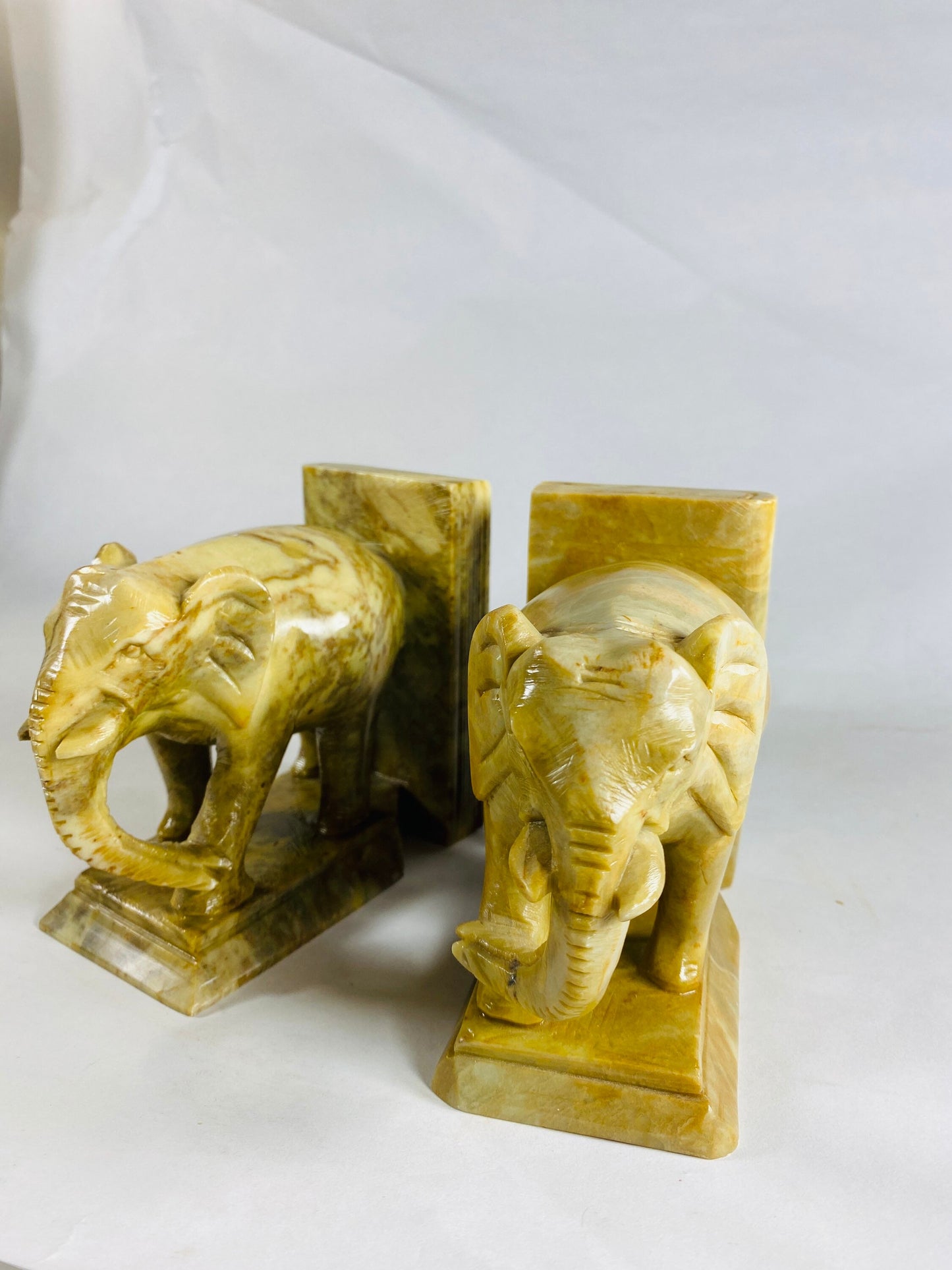 GORGEOUS vintage elephant bookends Highly detailed vintage figural carved marble stone Heavy substantial shelf decor Gift office him her