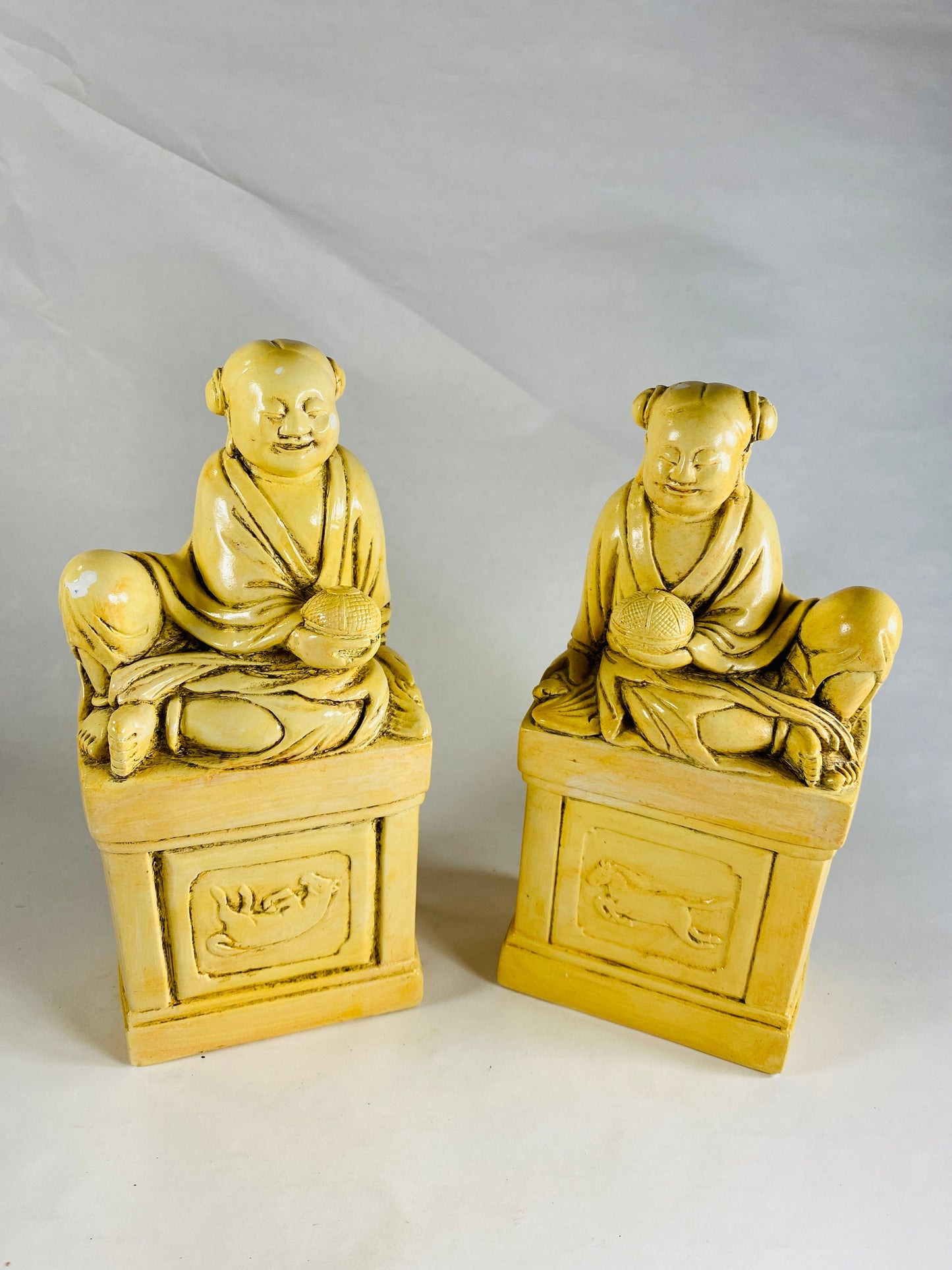 Highly detailed vintage carved stone Buddhist bookends statues authentic gypsum sculptures set Alabaster Alva Museum