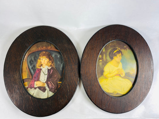 medium vintage brown wood frame with illustrations of young girls from the 1950s