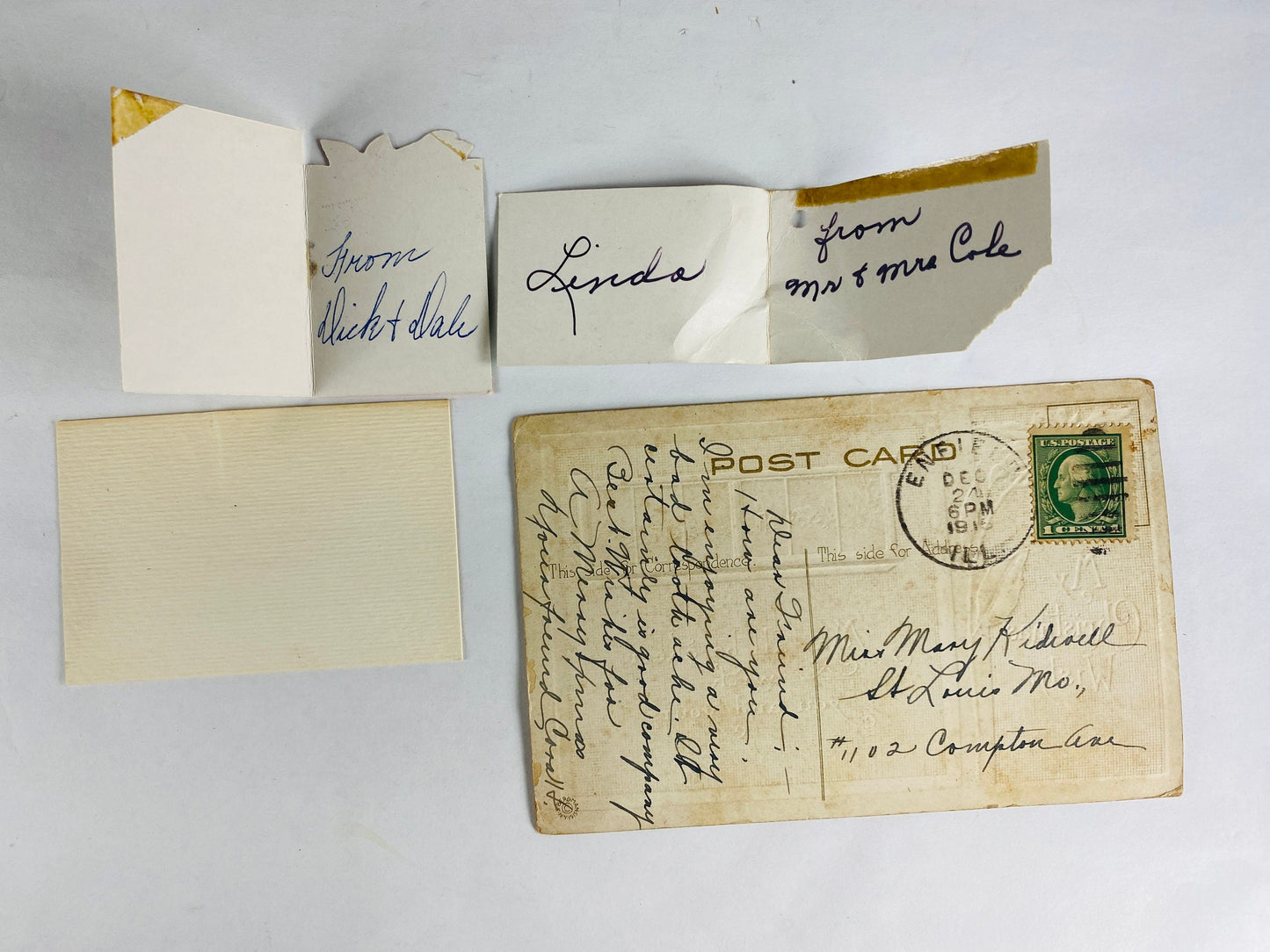 Antique and Vintage Christmas gift tags, postcard, book club card & Offray ribbon instruction booklet. 5 holiday paper lot decor scrapbook