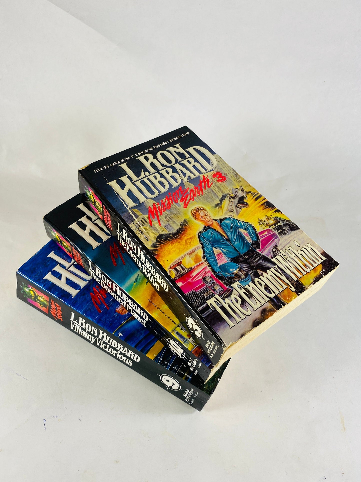 1986 Mission Earth L Ron Hubbard Enemy Within Doomed Planet Villainy Victorious FIRST Printing vintage paperback book lot