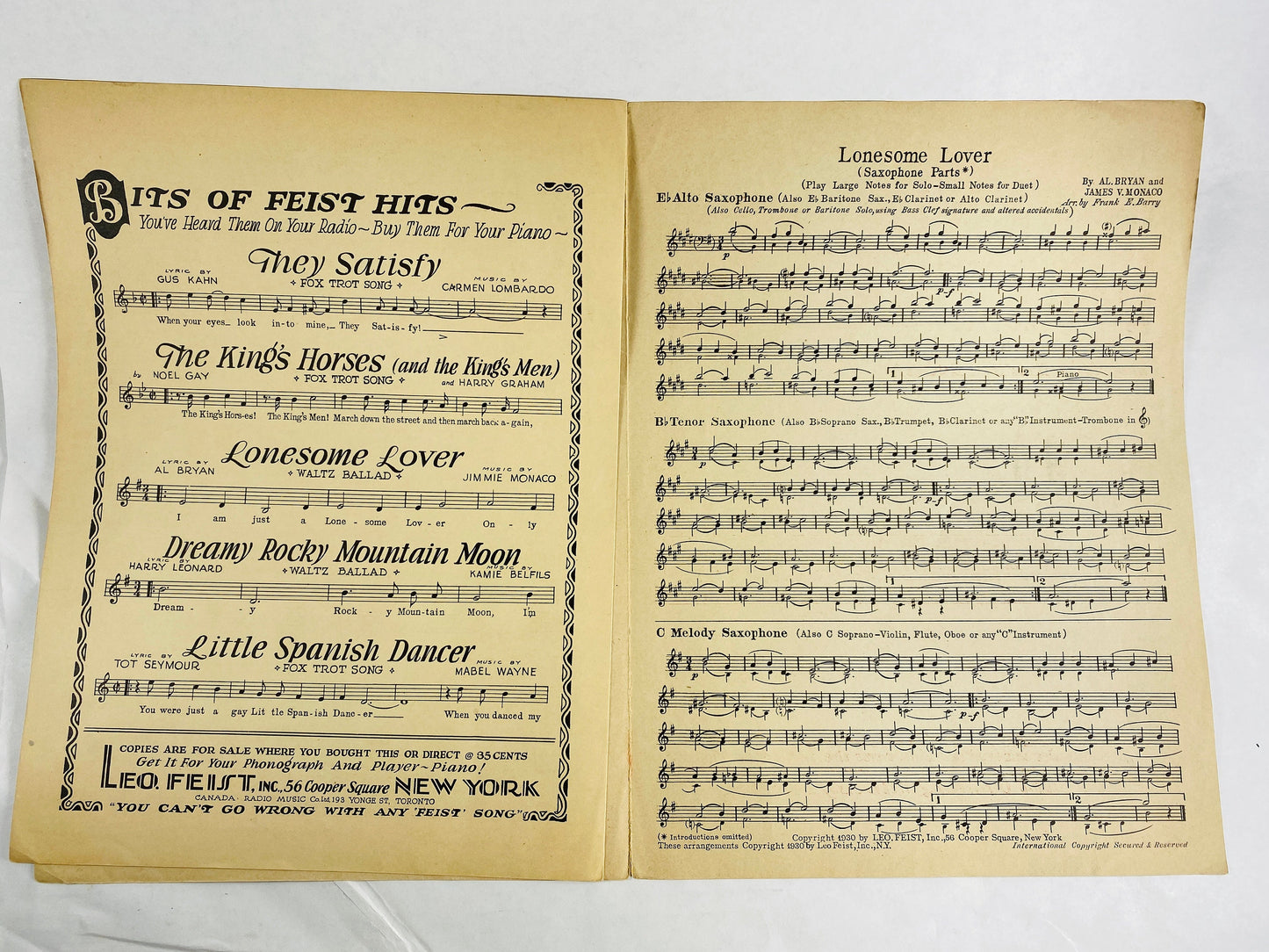 1930 vintage Lonesome Lover musical score Waltz Ballad Guy Lombardo Al Bryan. Nu-Style Feist Edition sheet music