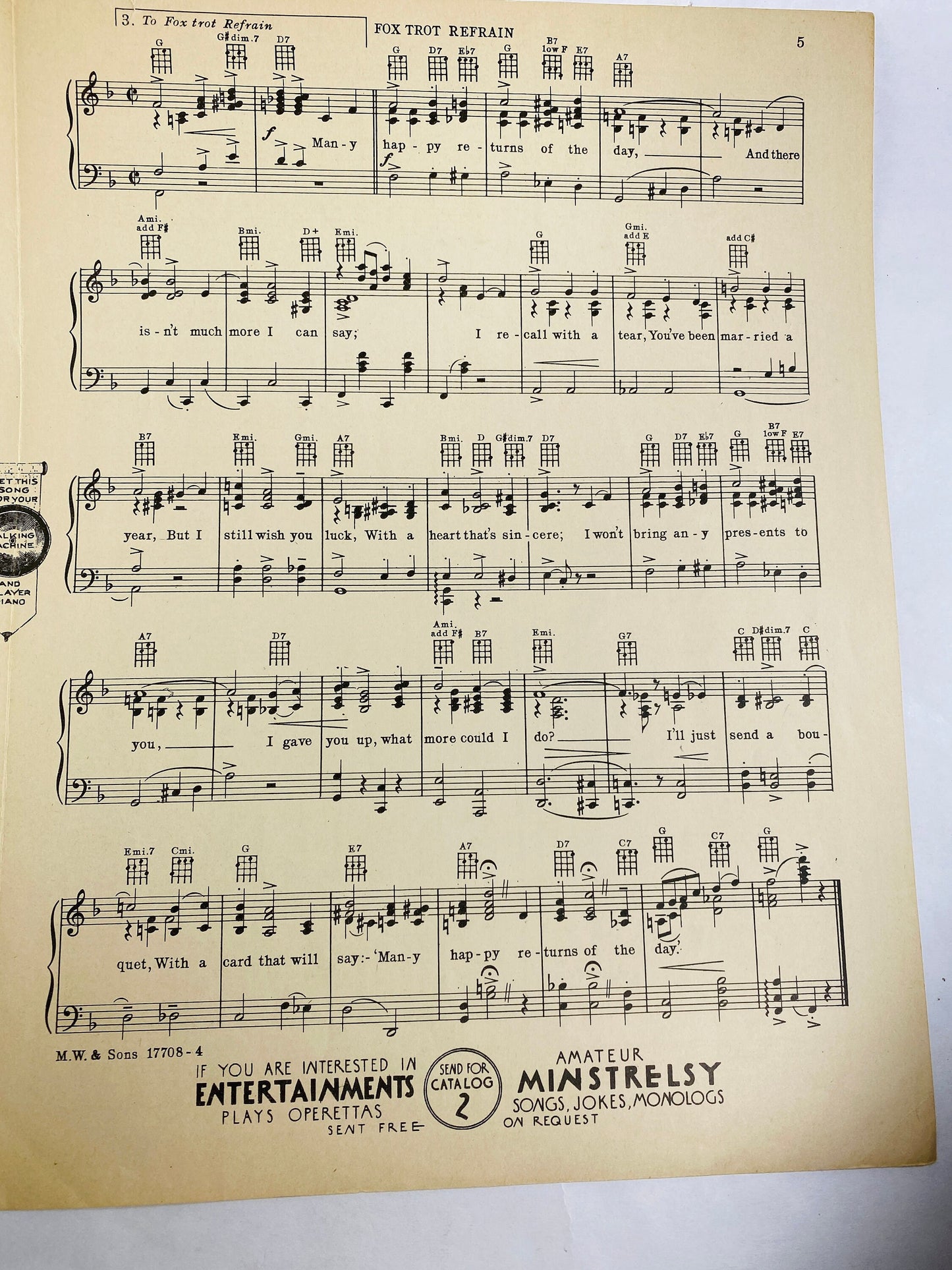 1930 vintage Many Happy Returns of the Day musical score Al Dubin Joe Burke. Ann Leaf sheet music