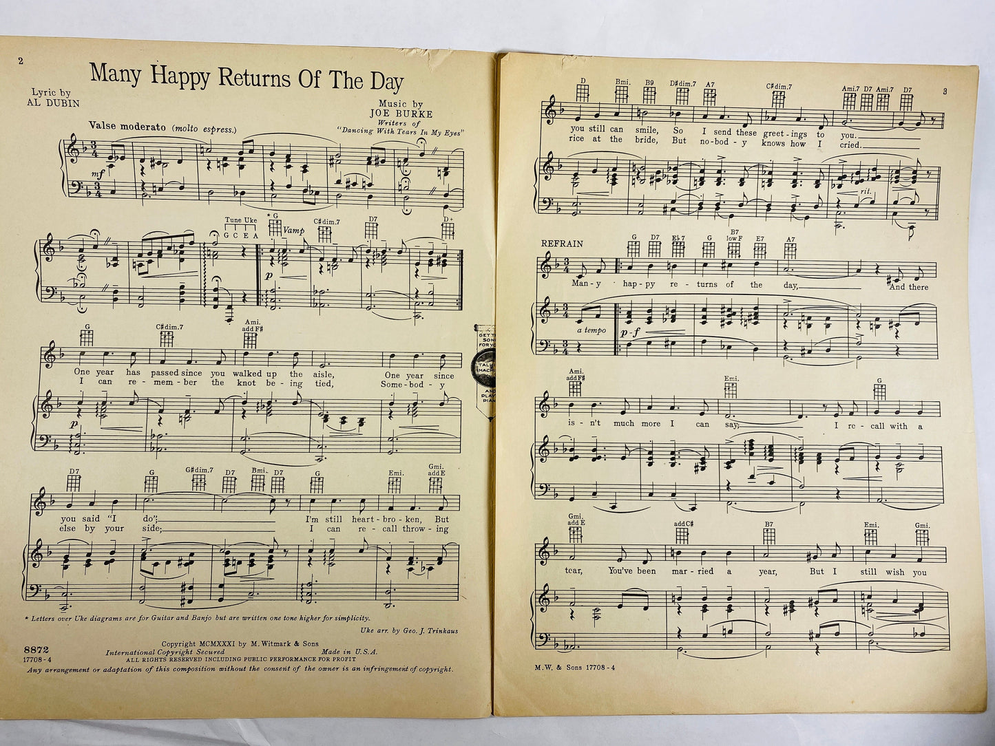 1930 vintage Many Happy Returns of the Day musical score Al Dubin Joe Burke. Ann Leaf sheet music