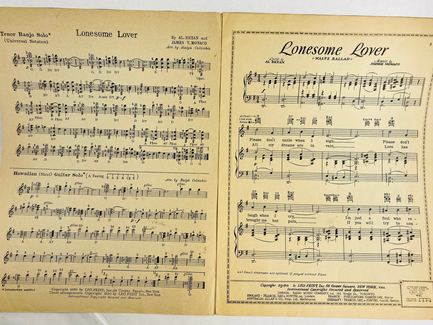 1930 vintage Lonesome Lover musical score Waltz Ballad Guy Lombardo Al Bryan. Nu-Style Feist Edition sheet music