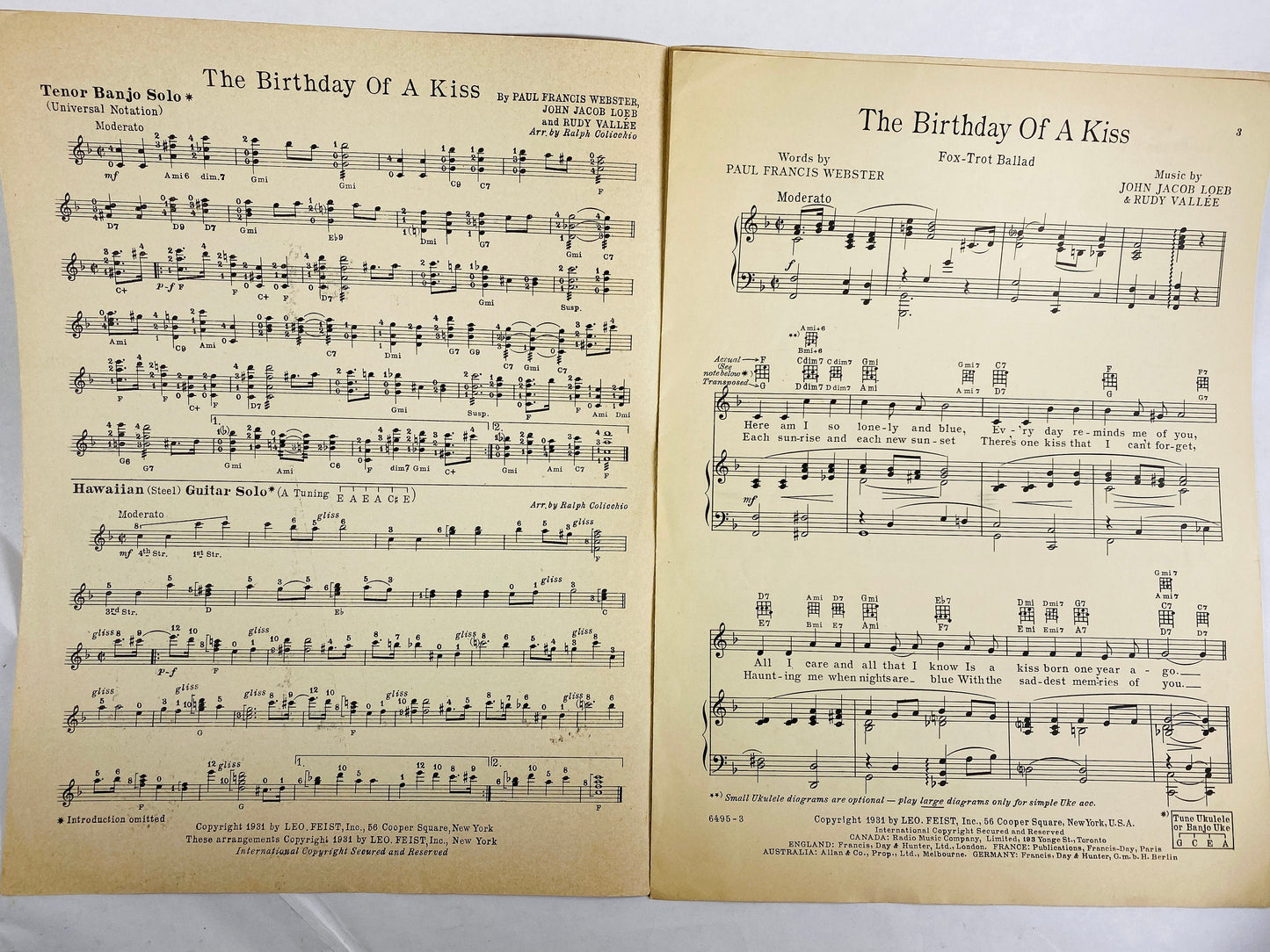 1931 vintage Birthday of a Kiss sheet music Paul Francis Webster John Jacob Loeb Rudy Vallee Francis Happy Fulton