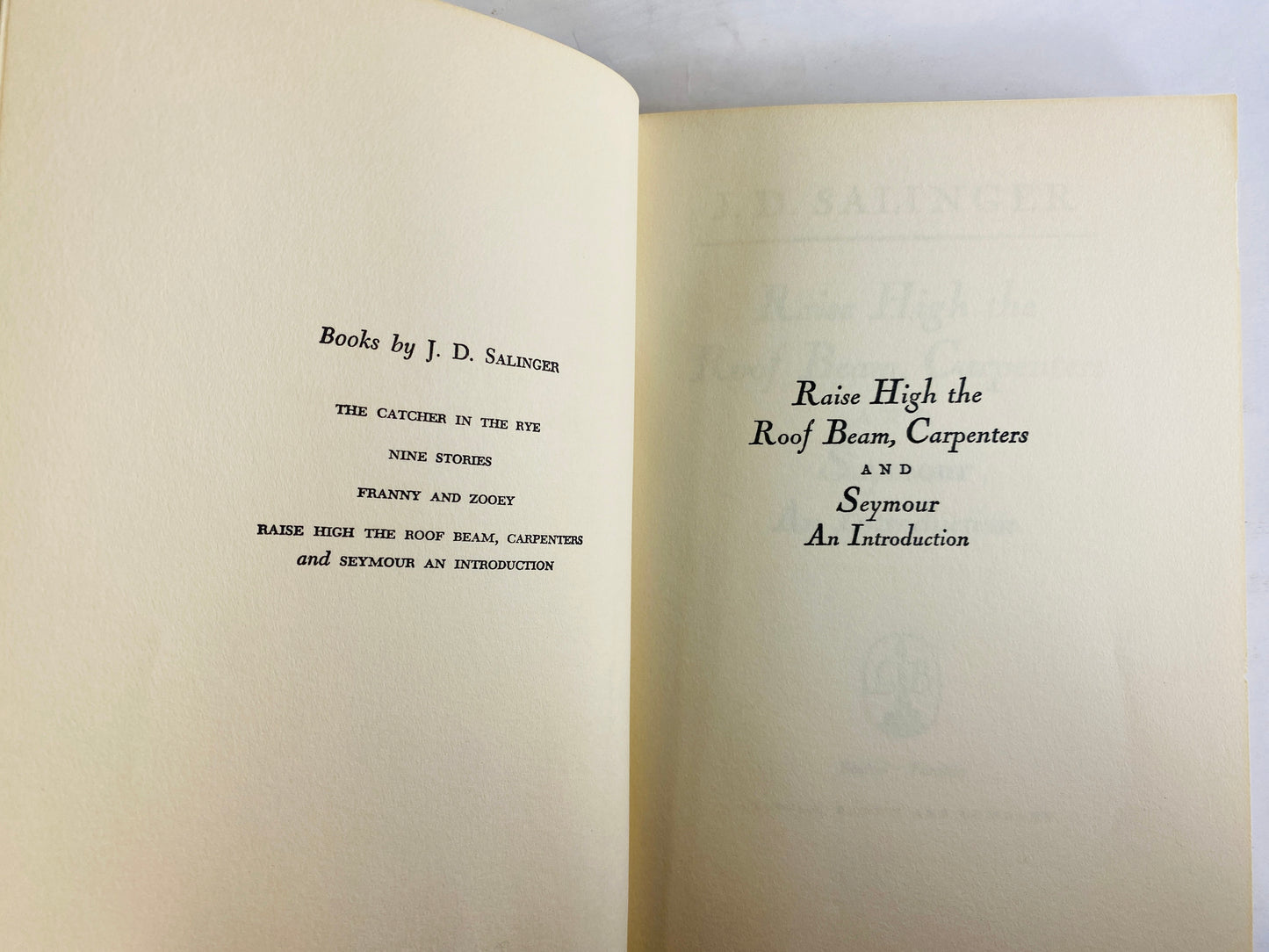 1959 Raise High the Roof Beam, Carpenters and Seymour FIRST EDITION Vintage book by JD Salinger with dust jacket circa 1959.