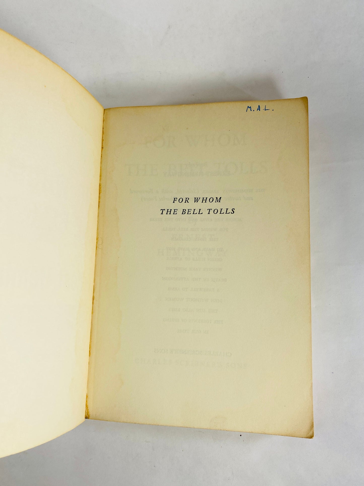 For Whom the Bell Tolls by Ernest Hemingway Vintage Scribner's Library paperback book circa 1940 Grey home office decor. Father's Day gift
