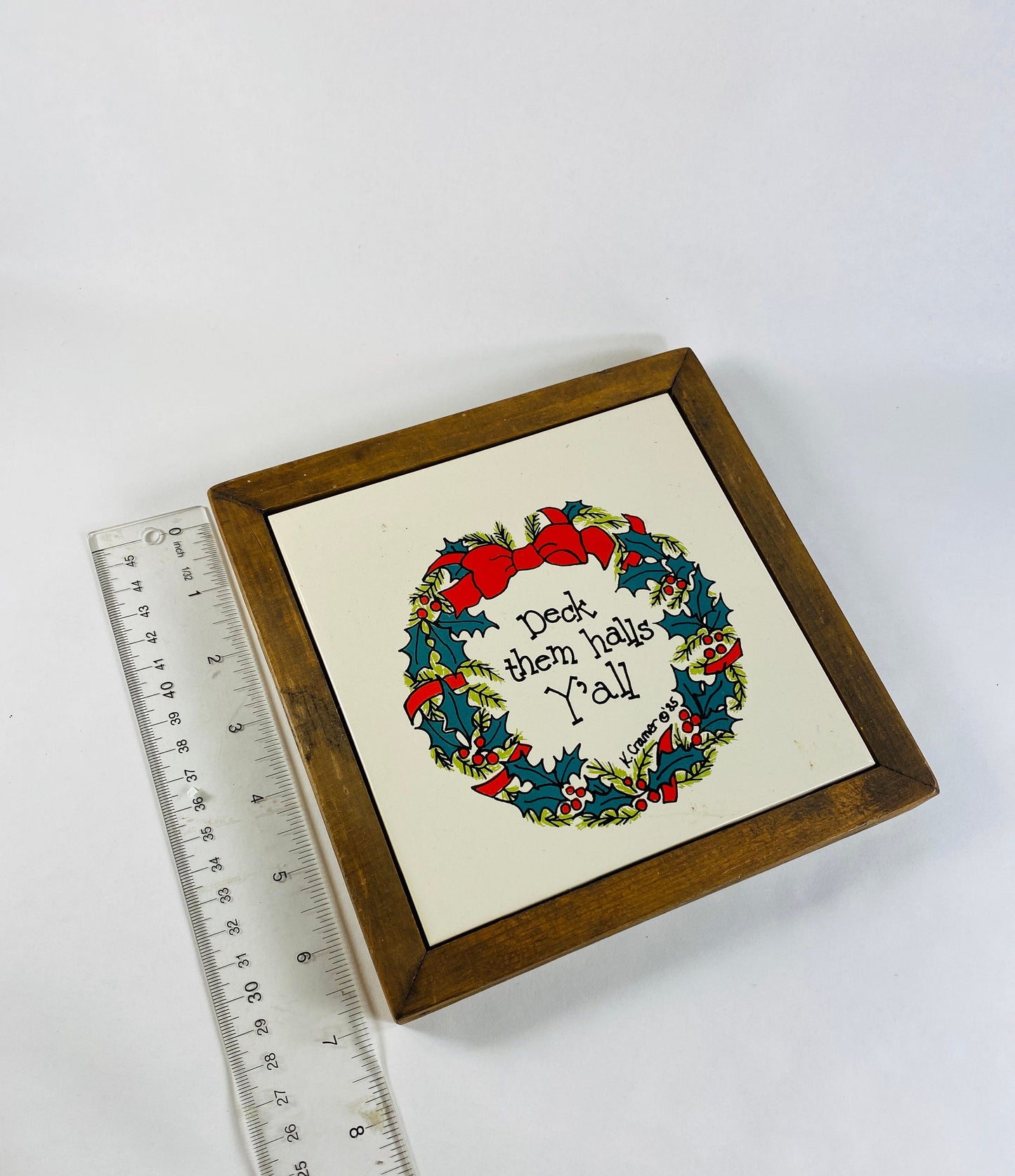 Retro Texas Christmas Deck them halls, Y'all home decor wreath art circa 1985 Perfect for hanging or on counter 7" x 7"