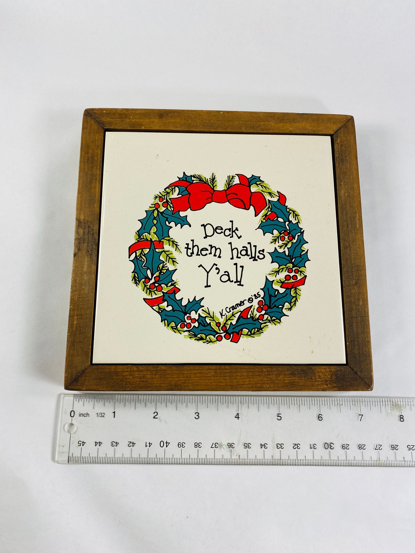 Retro Texas Christmas Deck them halls, Y'all home decor wreath art circa 1985 Perfect for hanging or on counter 7" x 7"