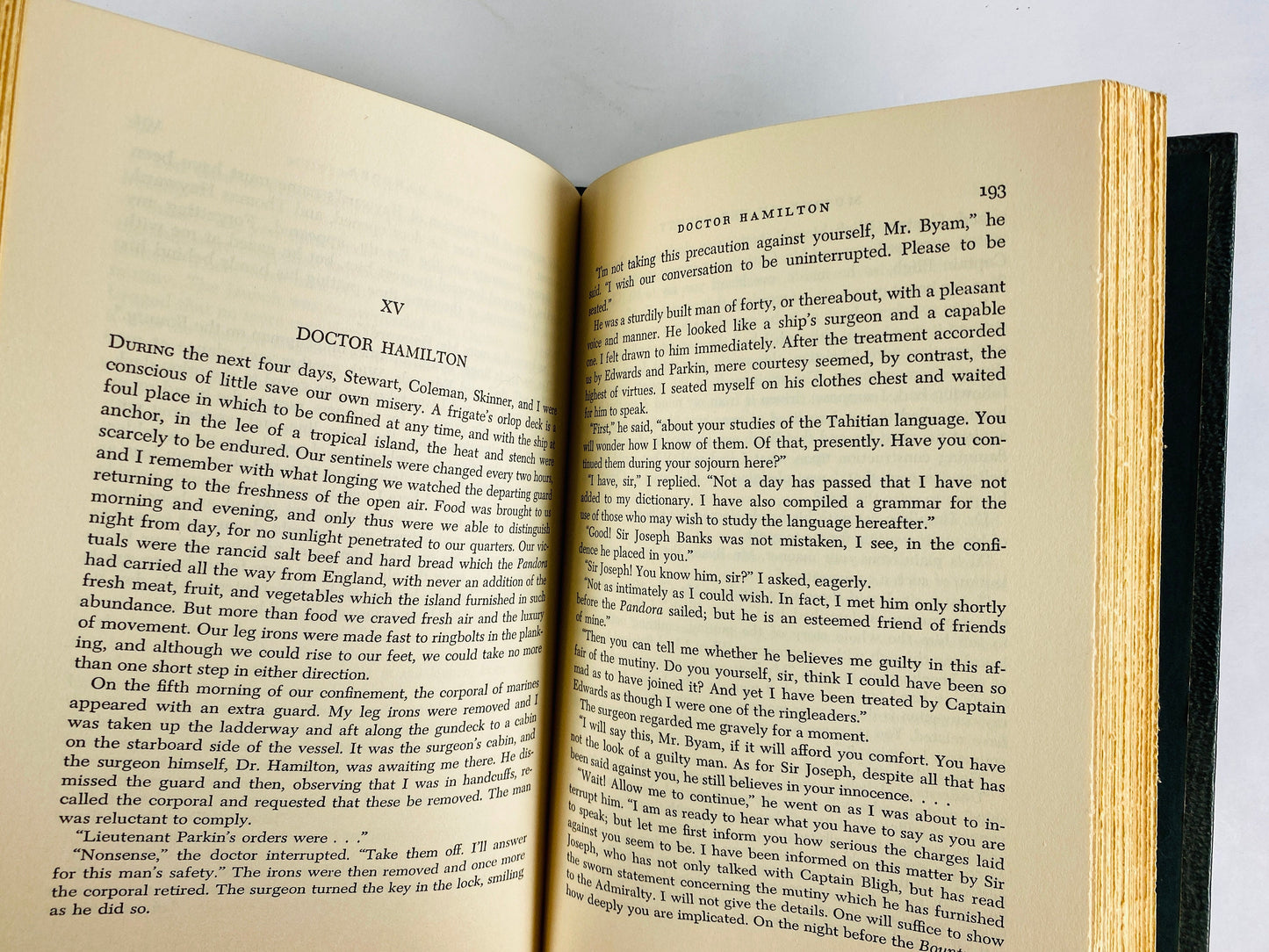 Mutiny on the Bounty vintage green leatherette book by Charles Nordhoff and James Norman Hall circa 1969. Father's Day gift bookshelf decor