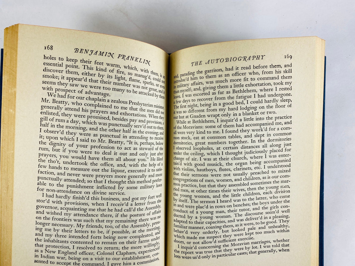 Autobiography of Benjamin Franklin vintage blue Modern Library book circa 1950 Fruits of Solitude by William Penn.