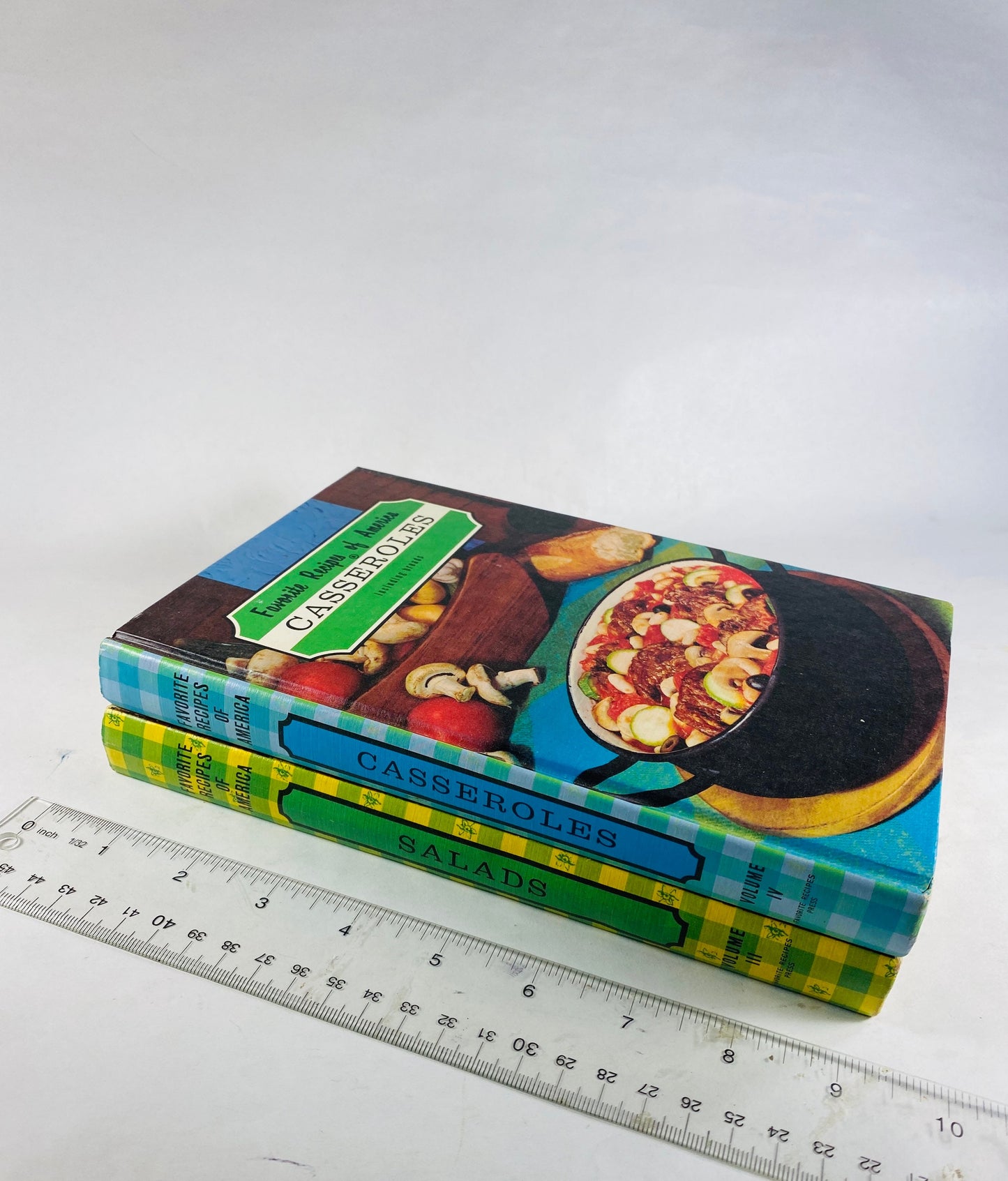 Casseroles and salads vintage Favorite Recipes of America cookbooks circa 1966 kitchen gingham covers retro Prop decor