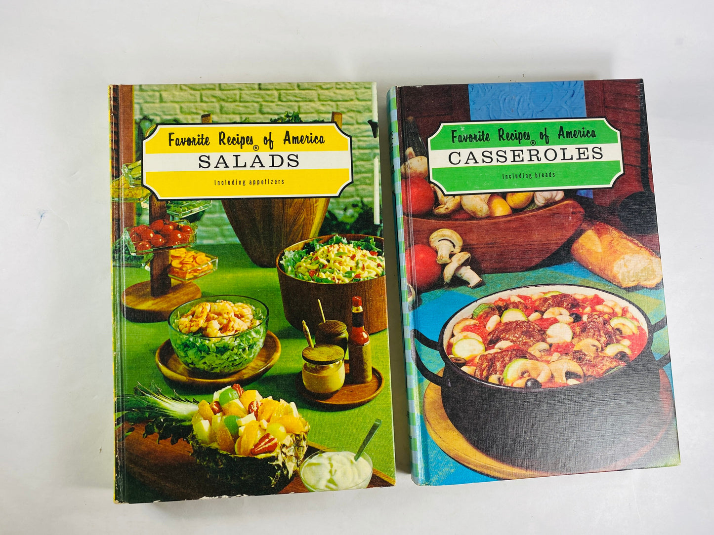 Casseroles and salads vintage Favorite Recipes of America cookbooks circa 1966 kitchen gingham covers retro Prop decor