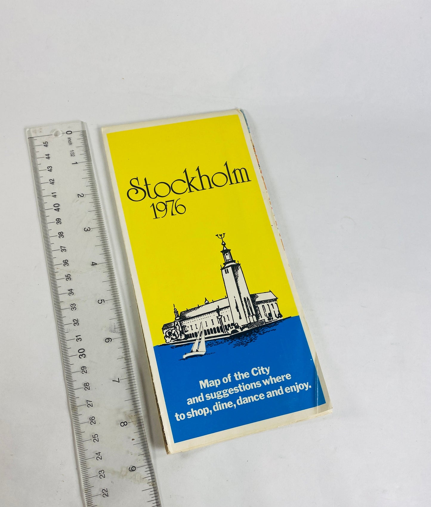 1978 Stockholm Sweden tourist map Motel Hotels restaurants guide Vintage travel pamphlet collectible Yellow global advertising decor