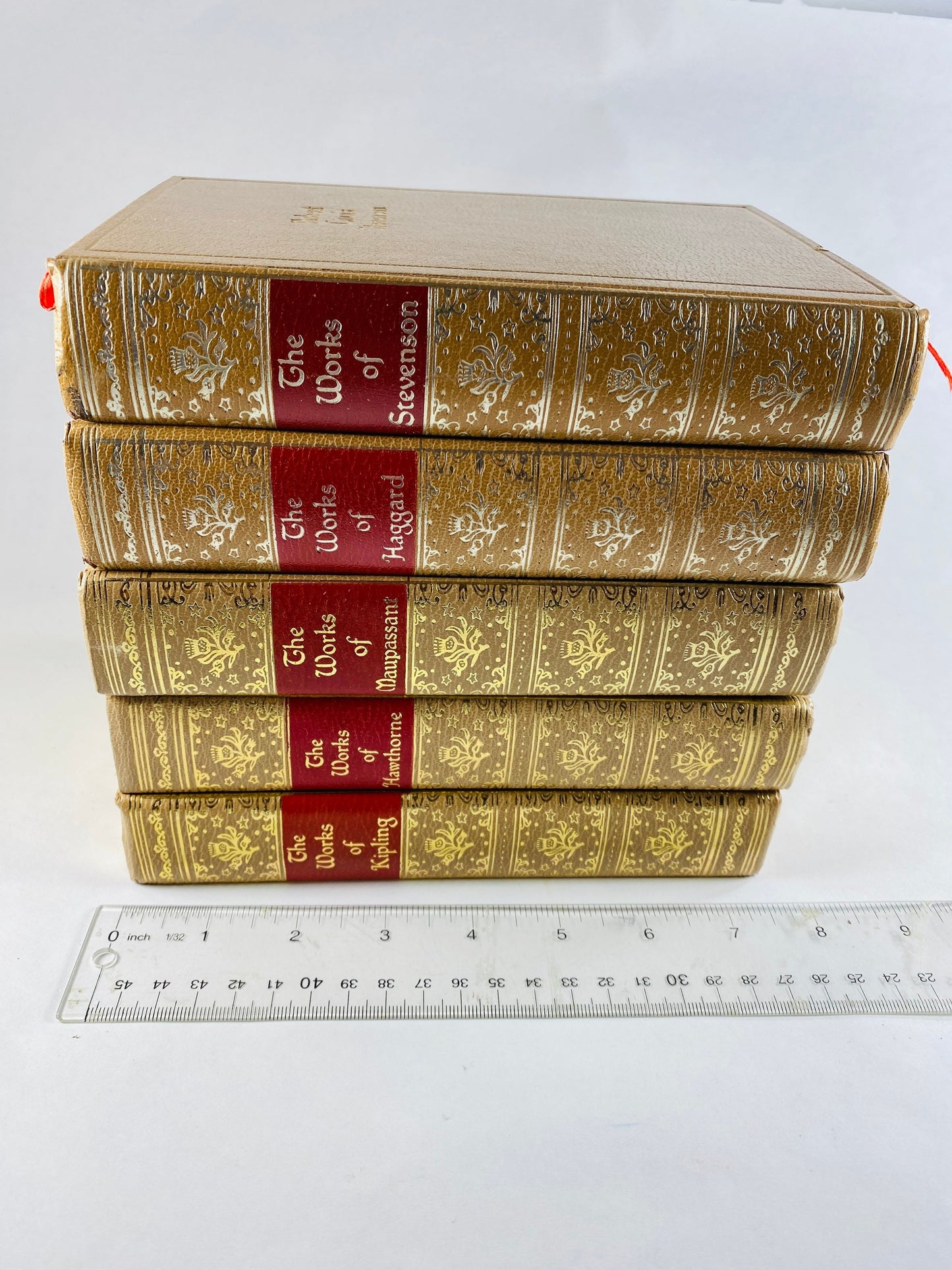 1958 Vintage book Nathaniel Hawthorne Kipling Maupassant Haggard Robert Louis Stevenson gold leaf Beige home decor