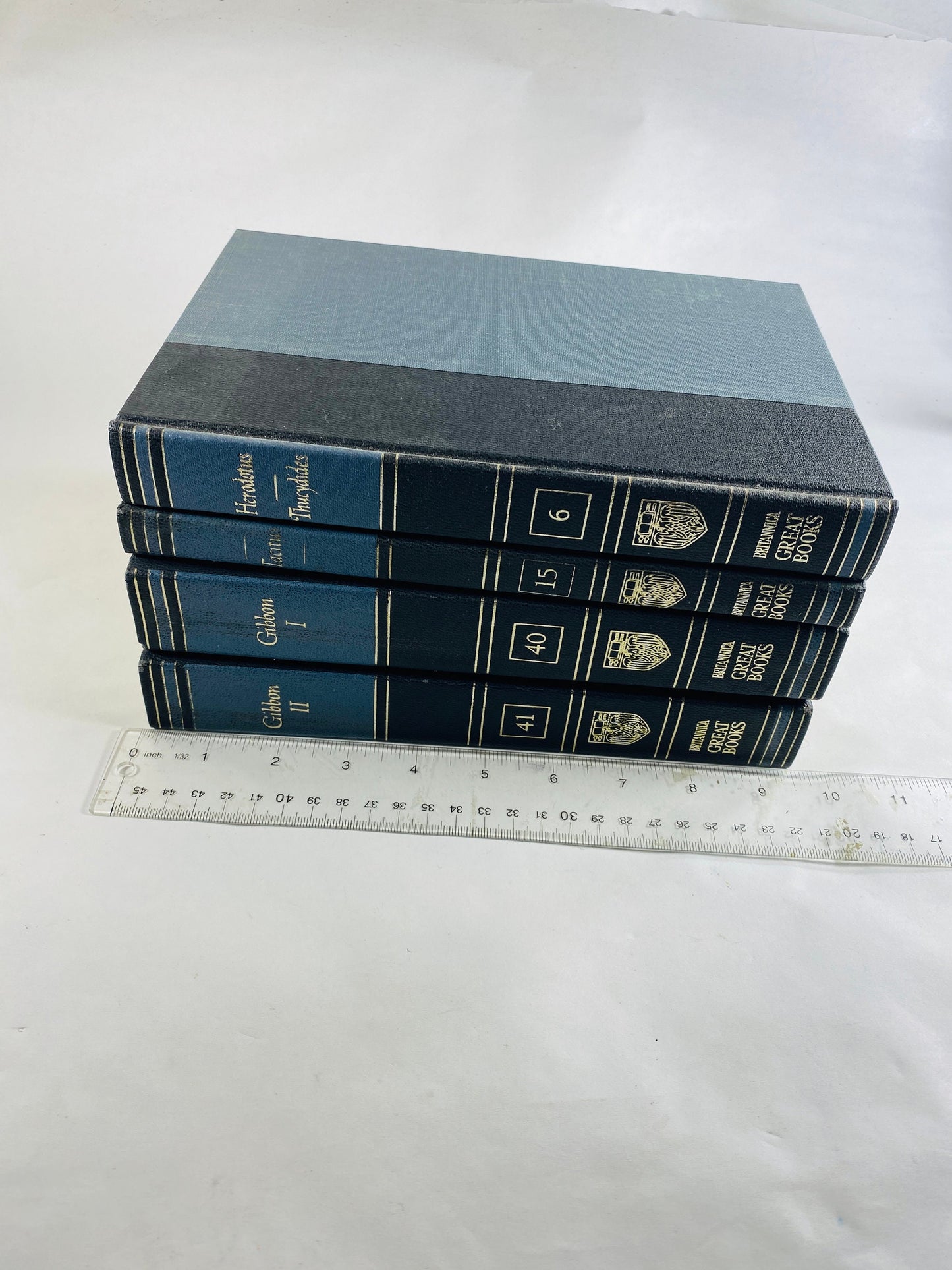 GORGEOUS vintage blue Tacitus Thucydides Herodotus Gibbon Britannica Great Books Staging bookshelf decor circa 1986