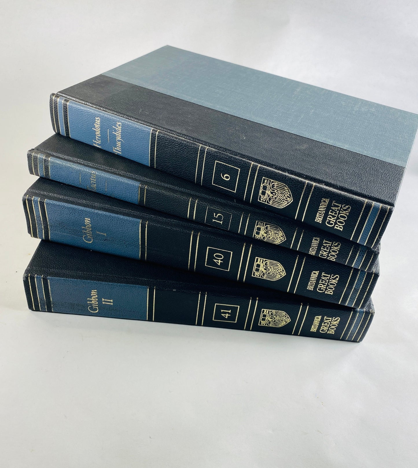 GORGEOUS vintage blue Tacitus Thucydides Herodotus Gibbon Britannica Great Books Staging bookshelf decor circa 1986