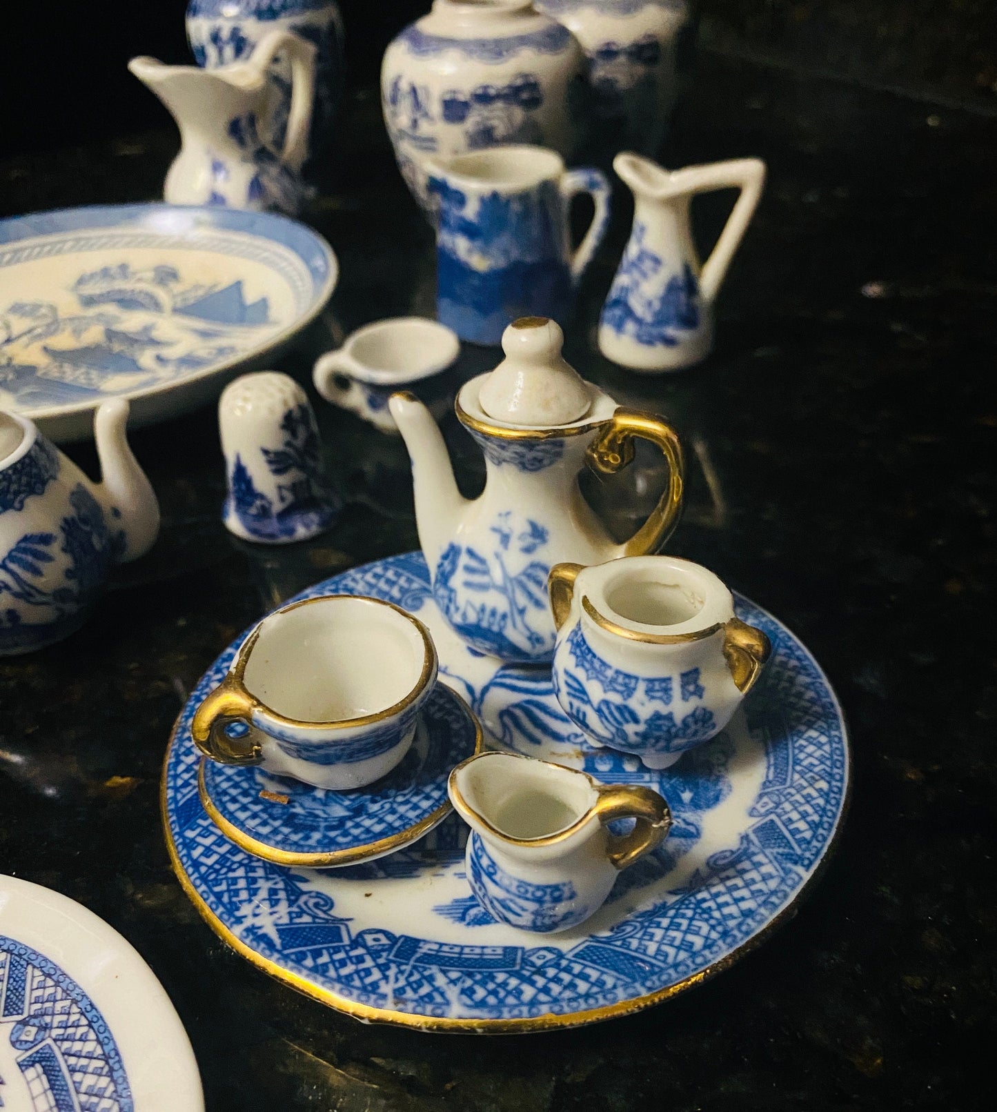 Vintage Blue Willow Doll House Miniatures LARGE Lot made in Japan and England 39 piece set several with gold trim