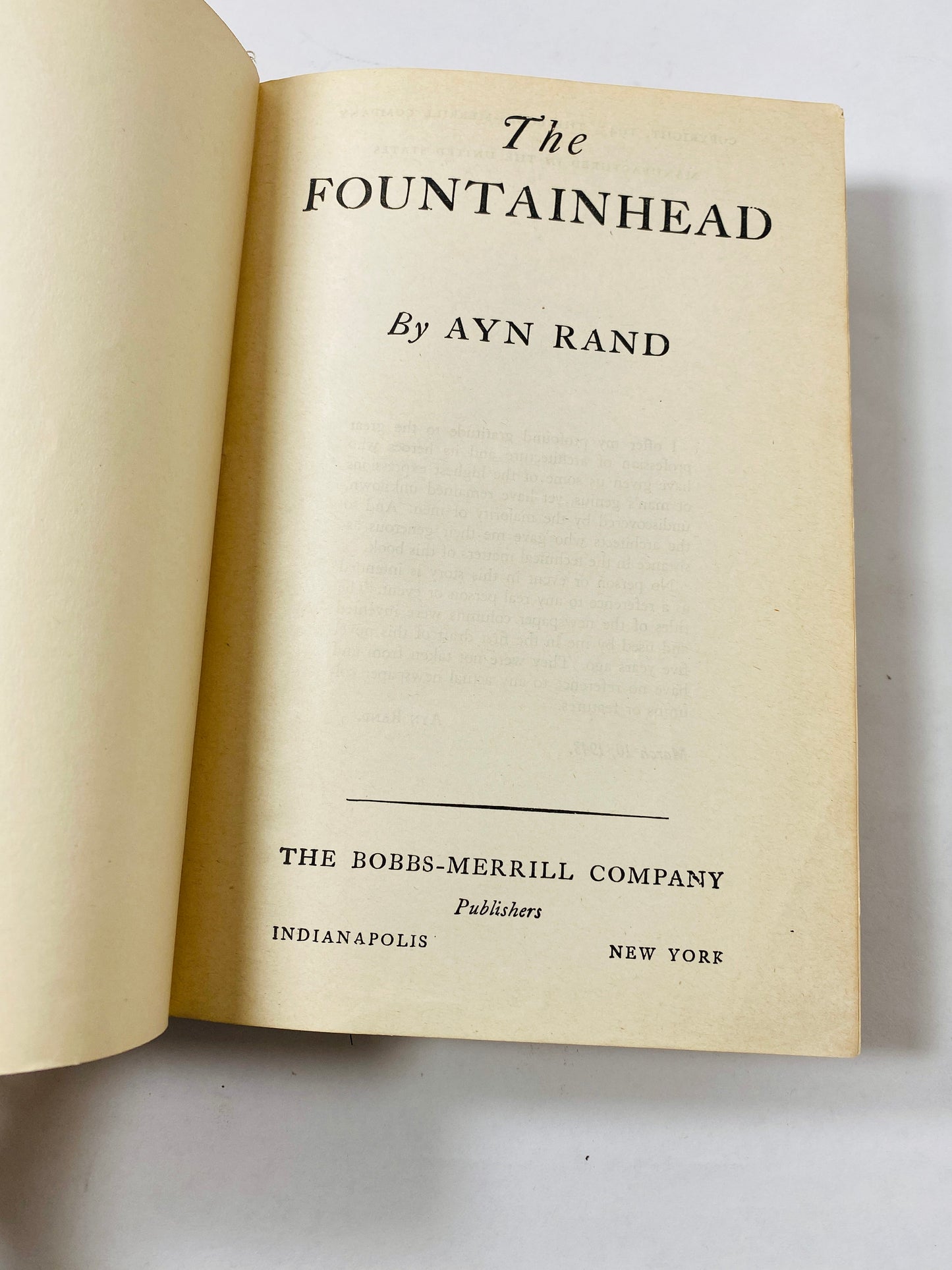 Fountainhead by Ayn Rand FIRST EDITION 12th printing circa 1943 Green cloth boards. Bobbs-Merrill.